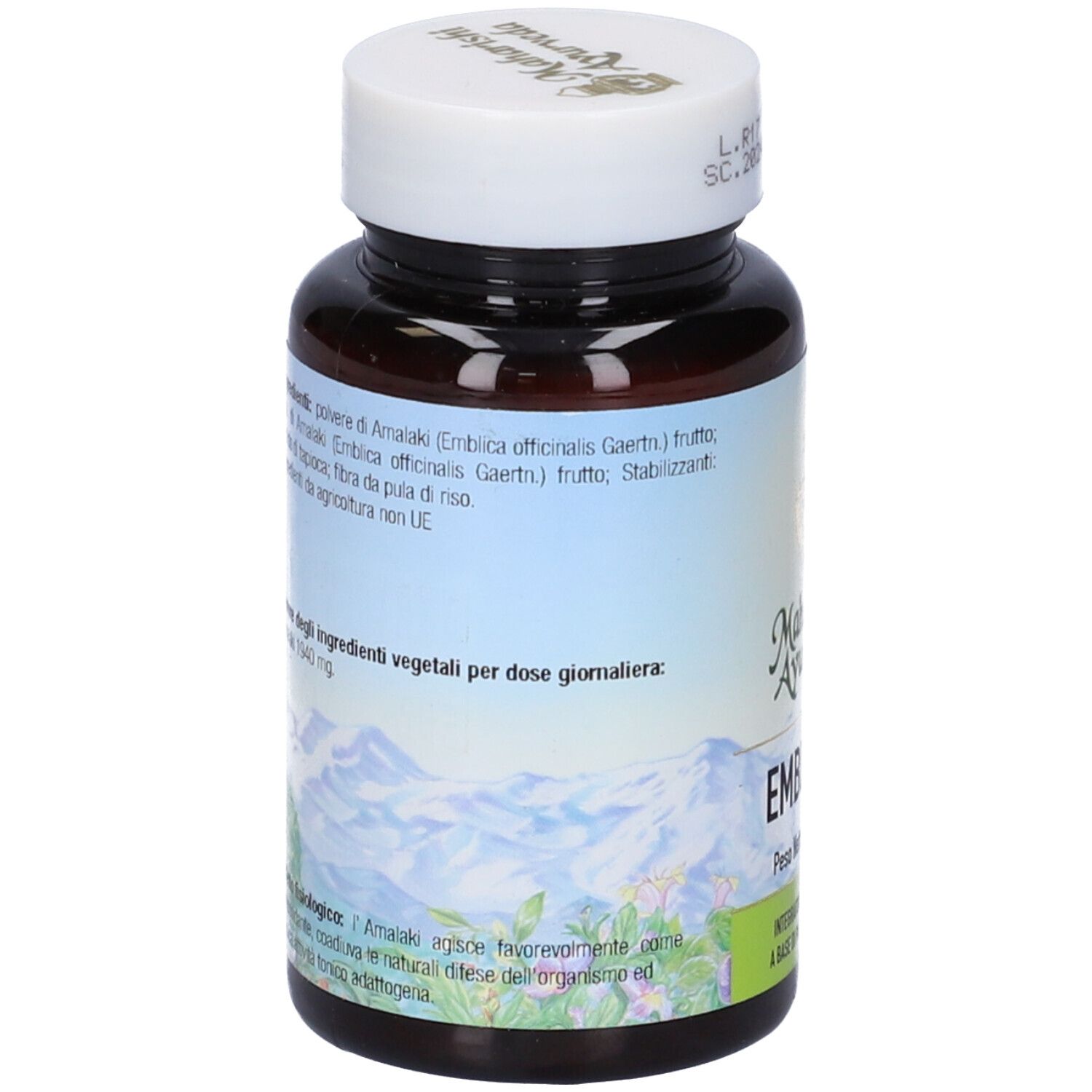 Retro del flacone. Scritta: Ingredienti, montagne, Maharishi Ayurveda.