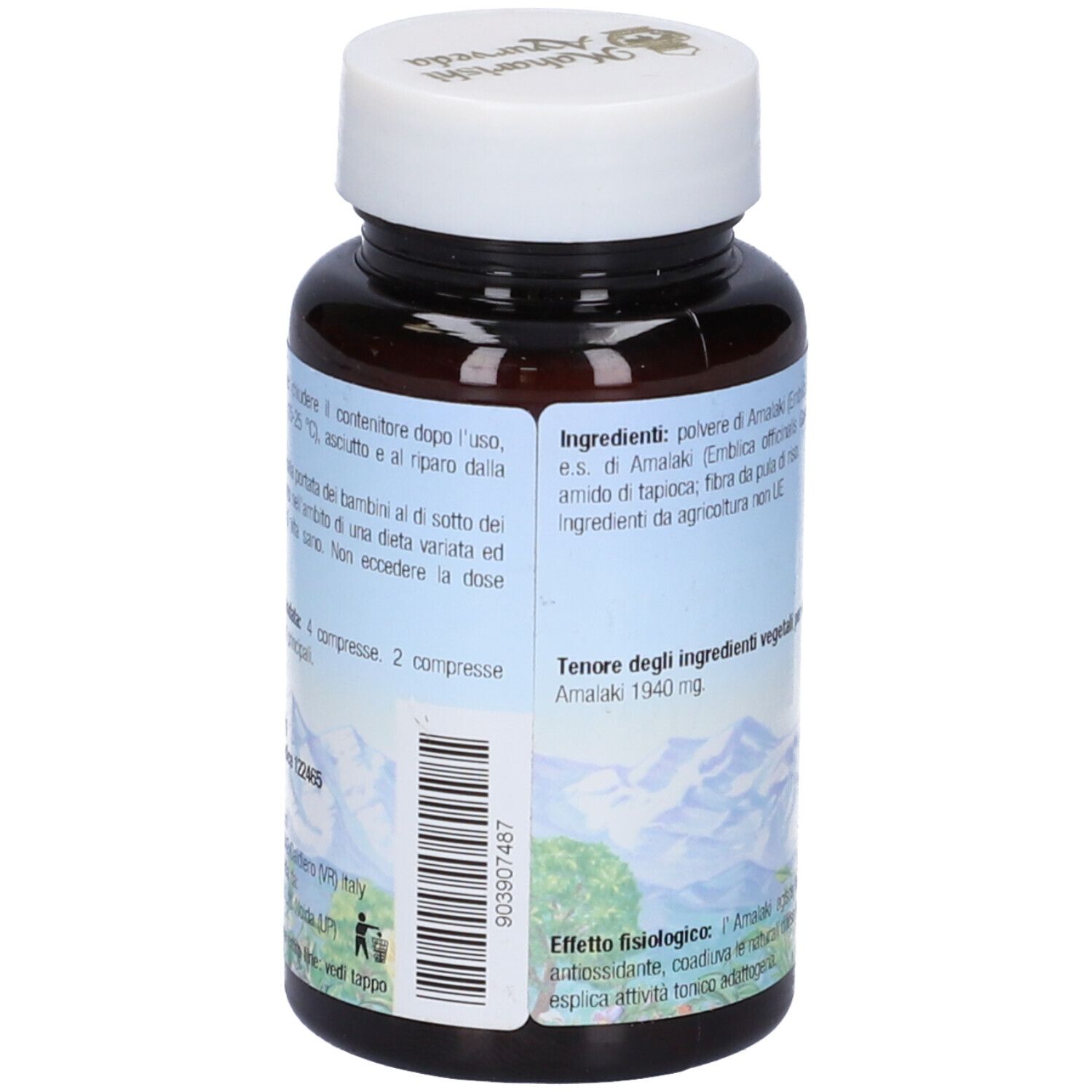 Retro del flacone. Scritta: Ingredienti, montagne, Maharishi Ayurveda.