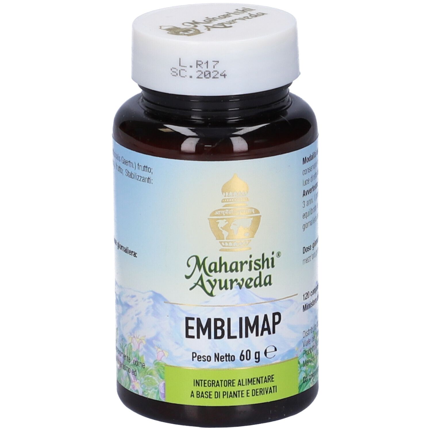 Flacone marrone con tappo bianco. Scritta: Emblimap, Maharishi Ayurveda, 60 g.