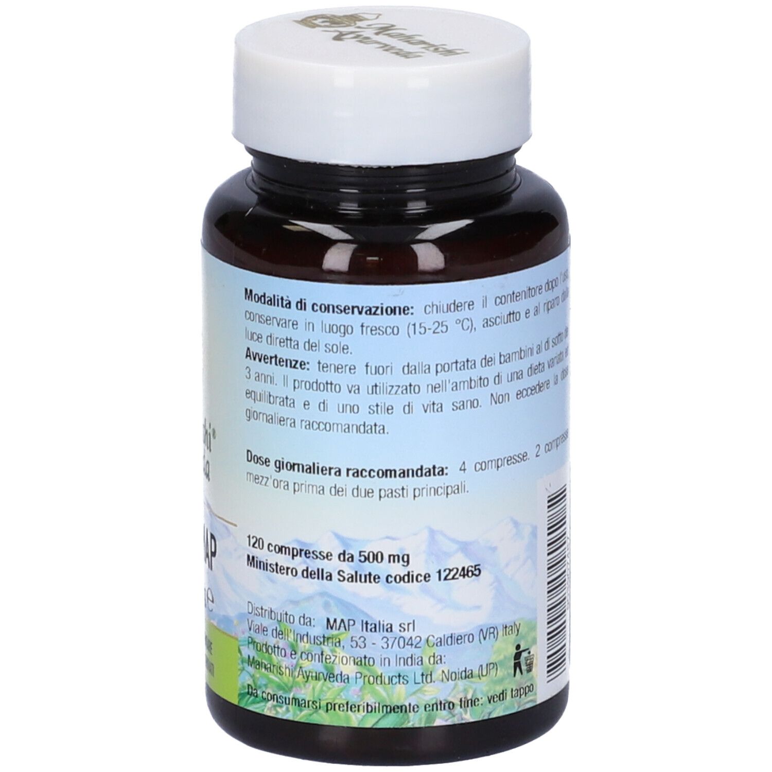 Retro del flacone. Scritta: Emblimap, 120 compresse, Maharishi Ayurveda.