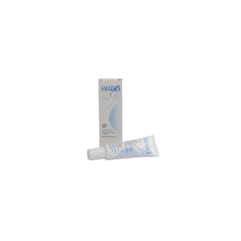 Tubo e scatola di crema. Saugella è scritto sul tubo. Saugella, linea mamma, Creme ragadi seno è scritto sulla scatola.