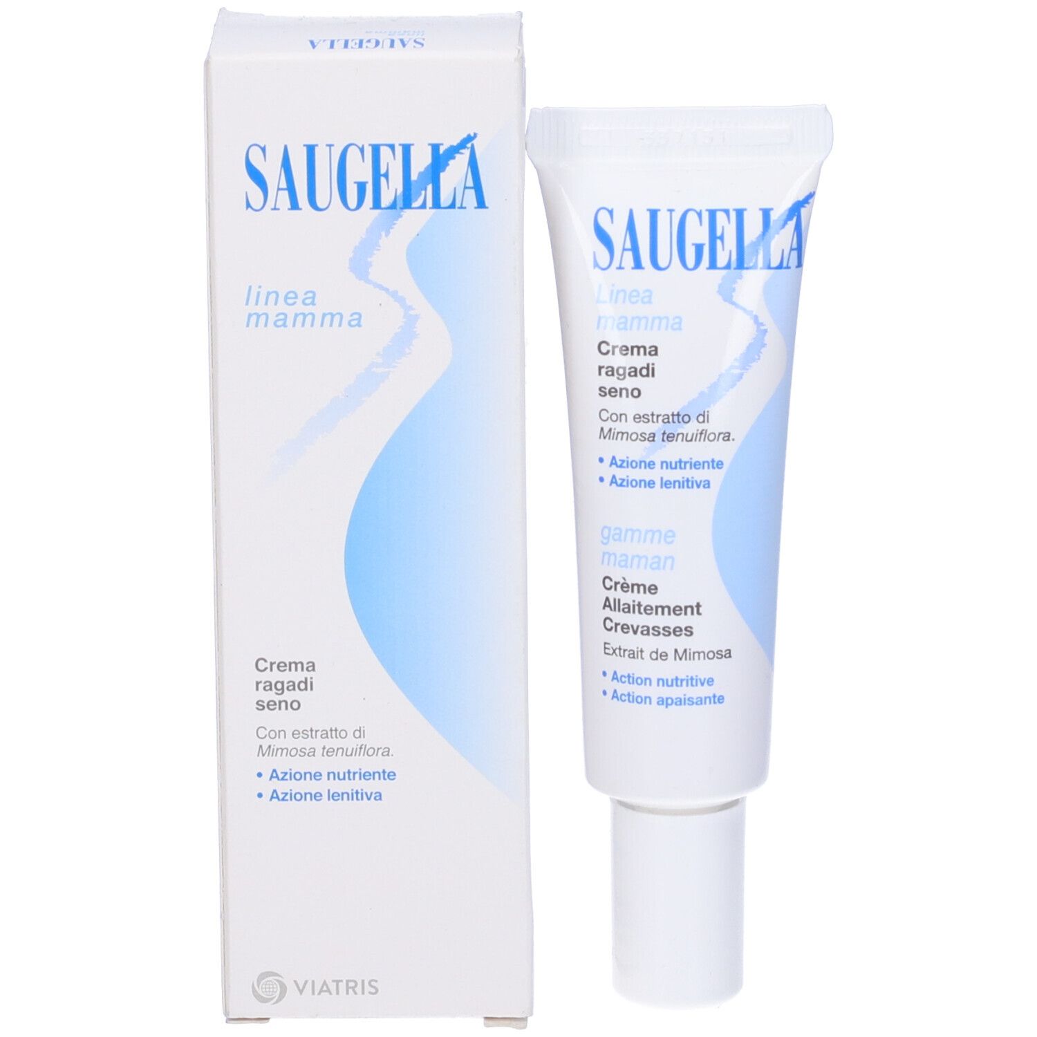 Scatola e tubo. Sulla scatola c'è scritto Saugella, linea mamma, Creme ragadi seno. Il tubo è accanto.