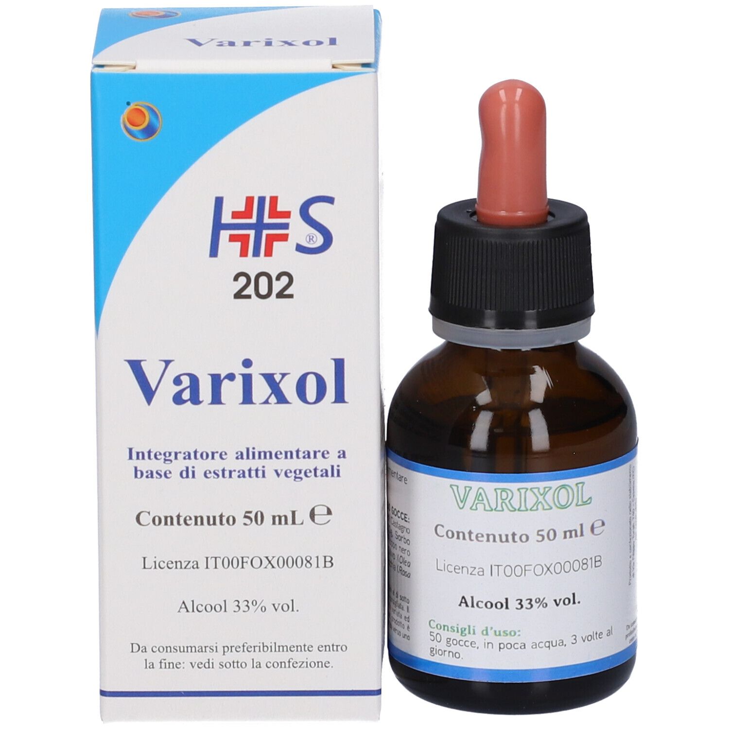 Produktverpackung mit Flasche und Beipackzettel, Etikett mit Produktnamen und Inhaltsangabe.