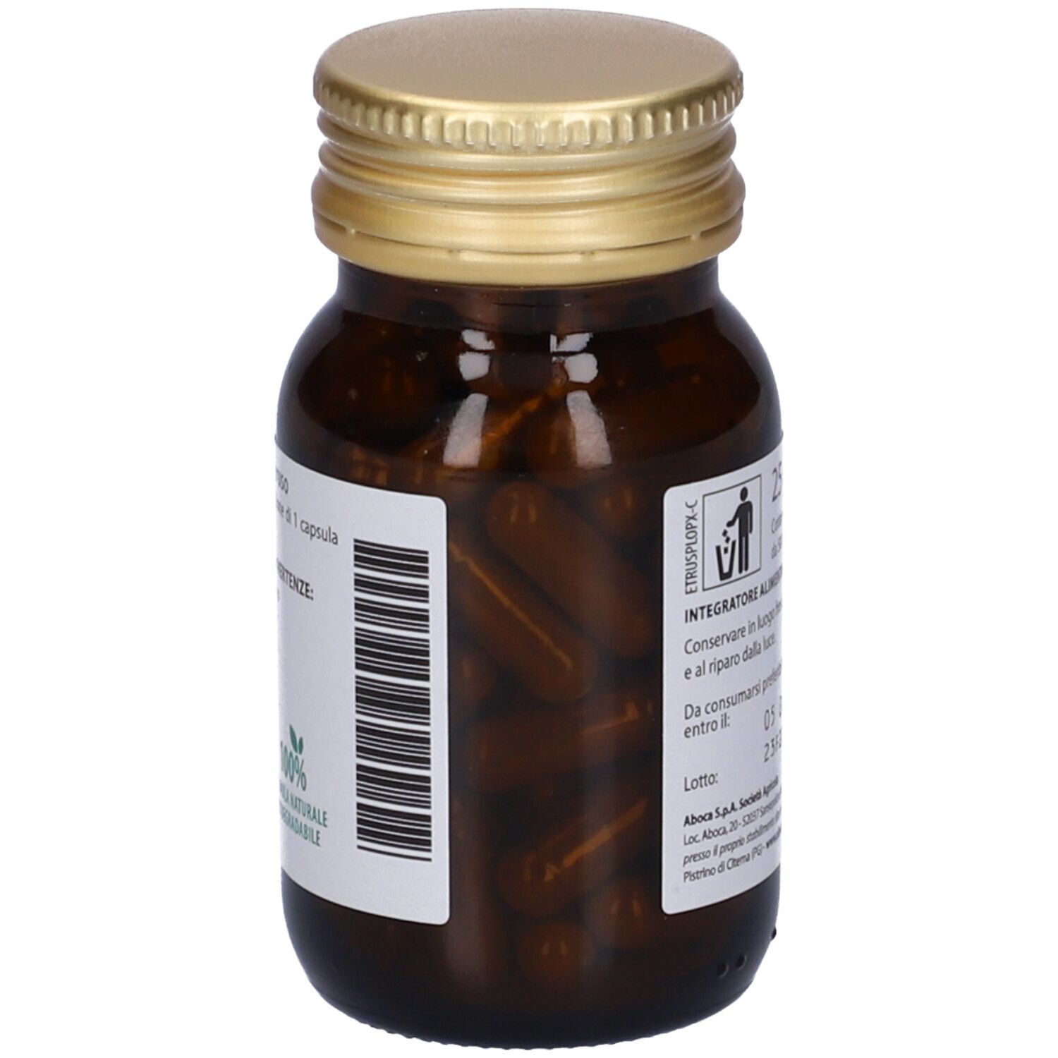 Flacone di vetro marrone con tappo dorato. Capsule visibili. Testo in italiano.