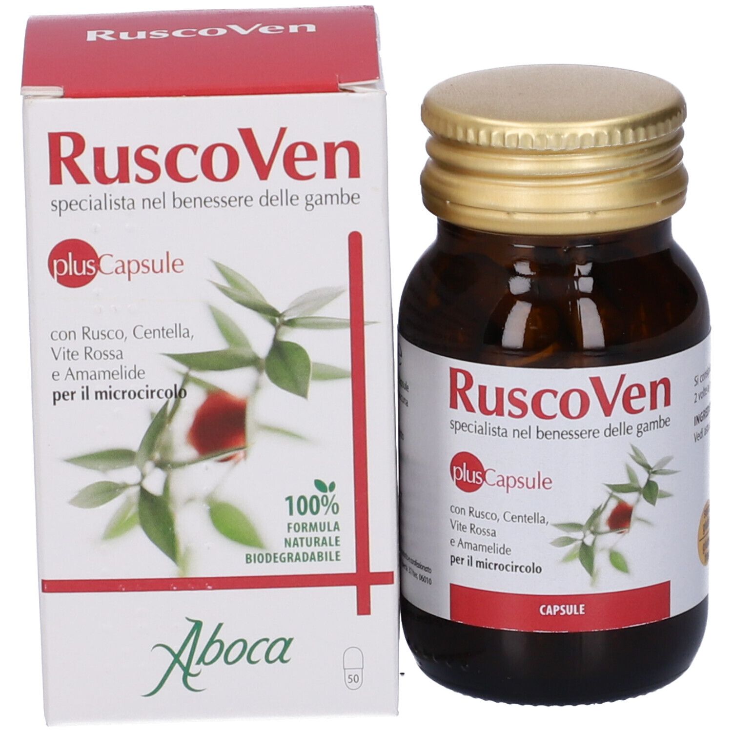 Flacone di vetro marrone e scatola. Nome del prodotto e testo in italiano.