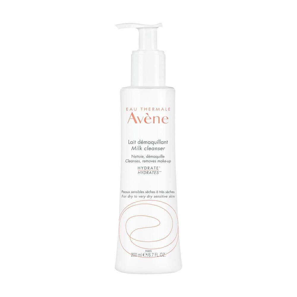 Flacone bianco con dosatore. Scritta: Eau Thermale Avène, Milk cleanser. Per pelli secche e sensibili.