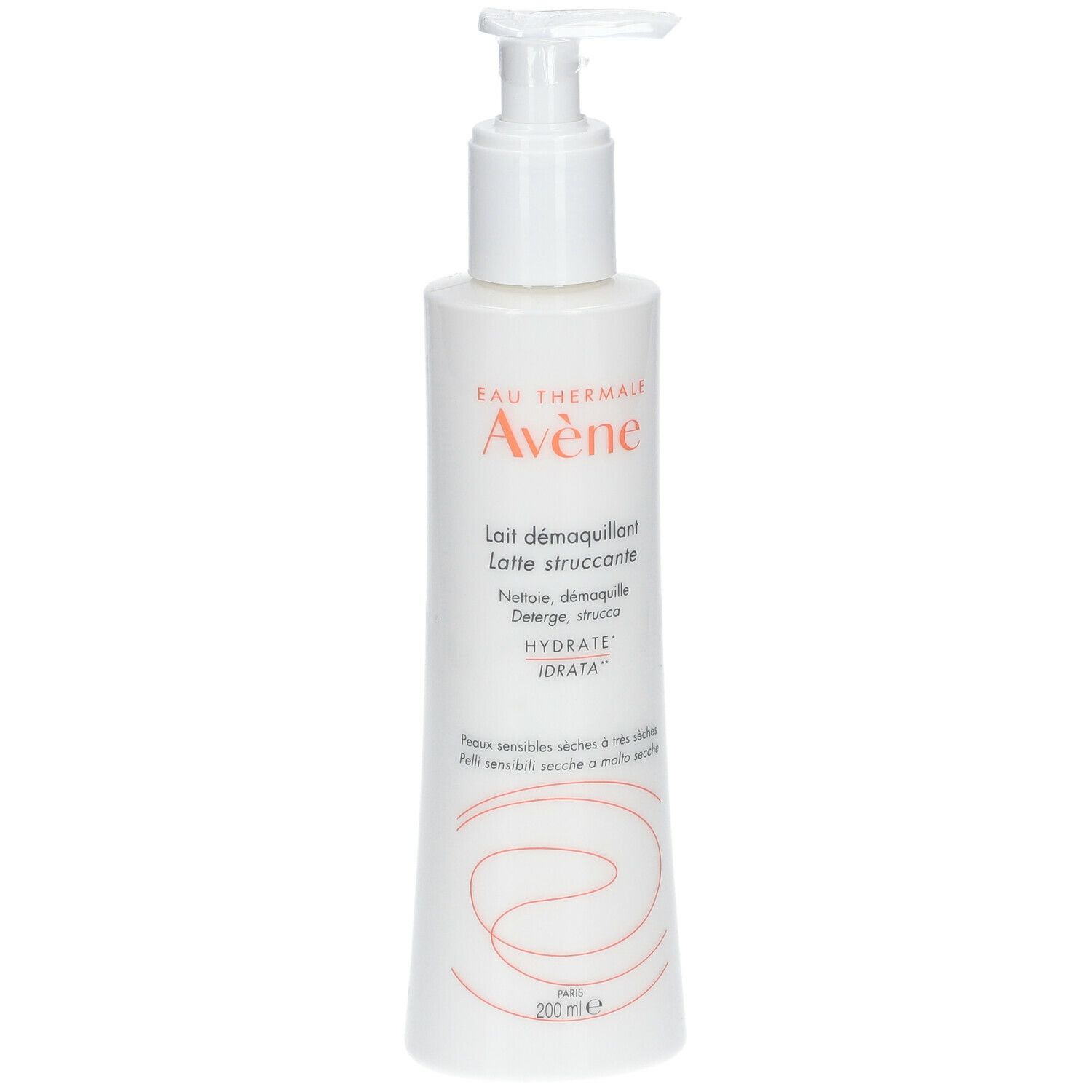 Flacone bianco con dosatore. Scritta: Eau Thermale Avène, Lait démaquillant. Per pelli secche.