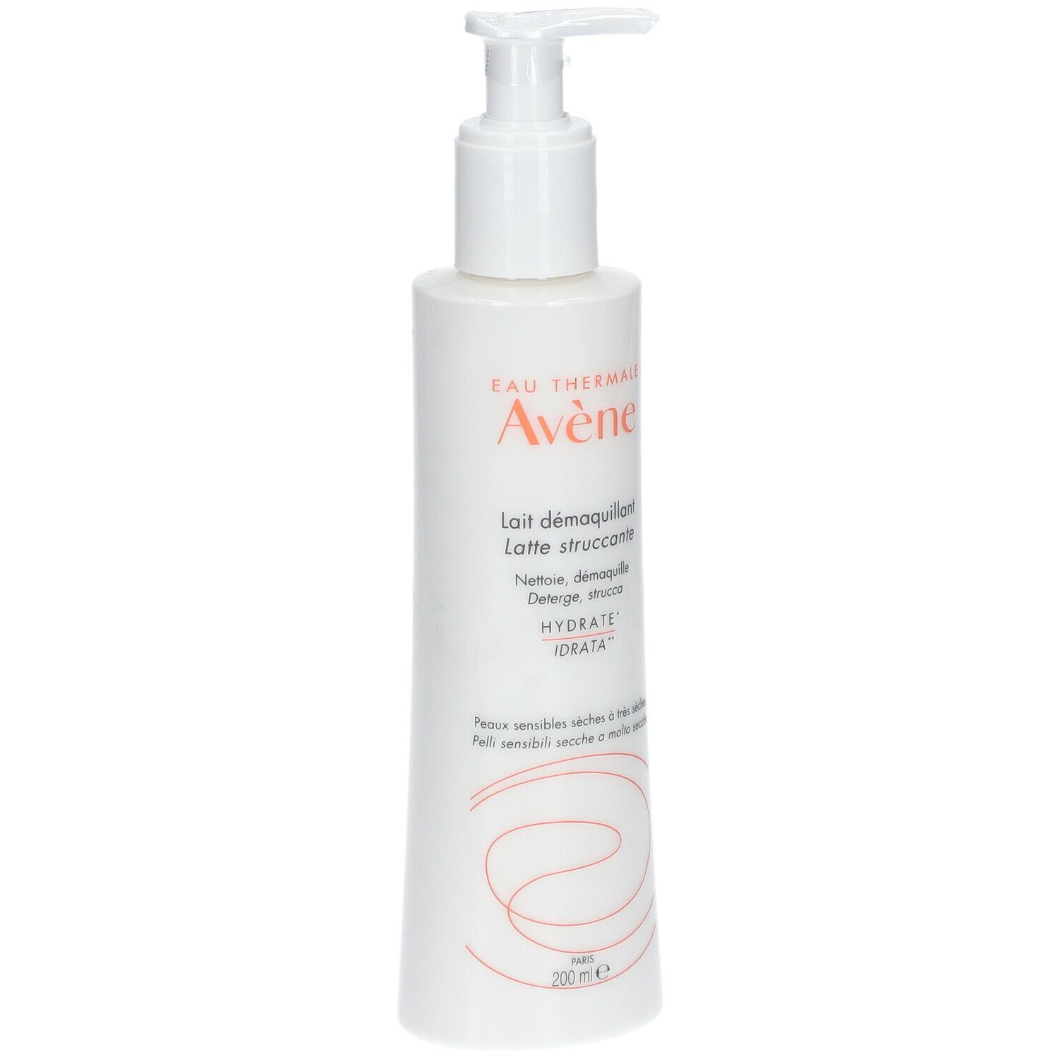 Flacone bianco con dosatore. Scritta: Eau Thermale Avène, Lait démaquillant. Per pelli secche.