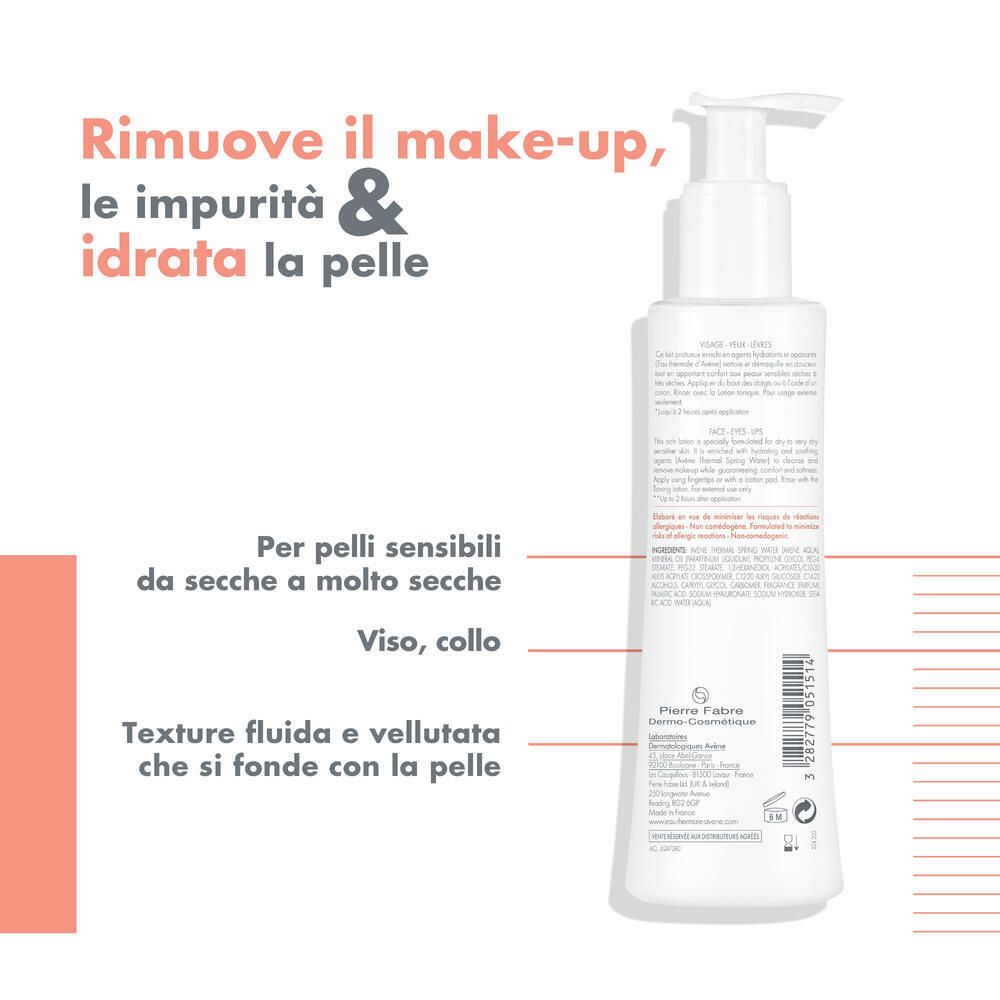 Retro flacone con testo. Testo: Rimuove il trucco, idrata. Per pelli secche.