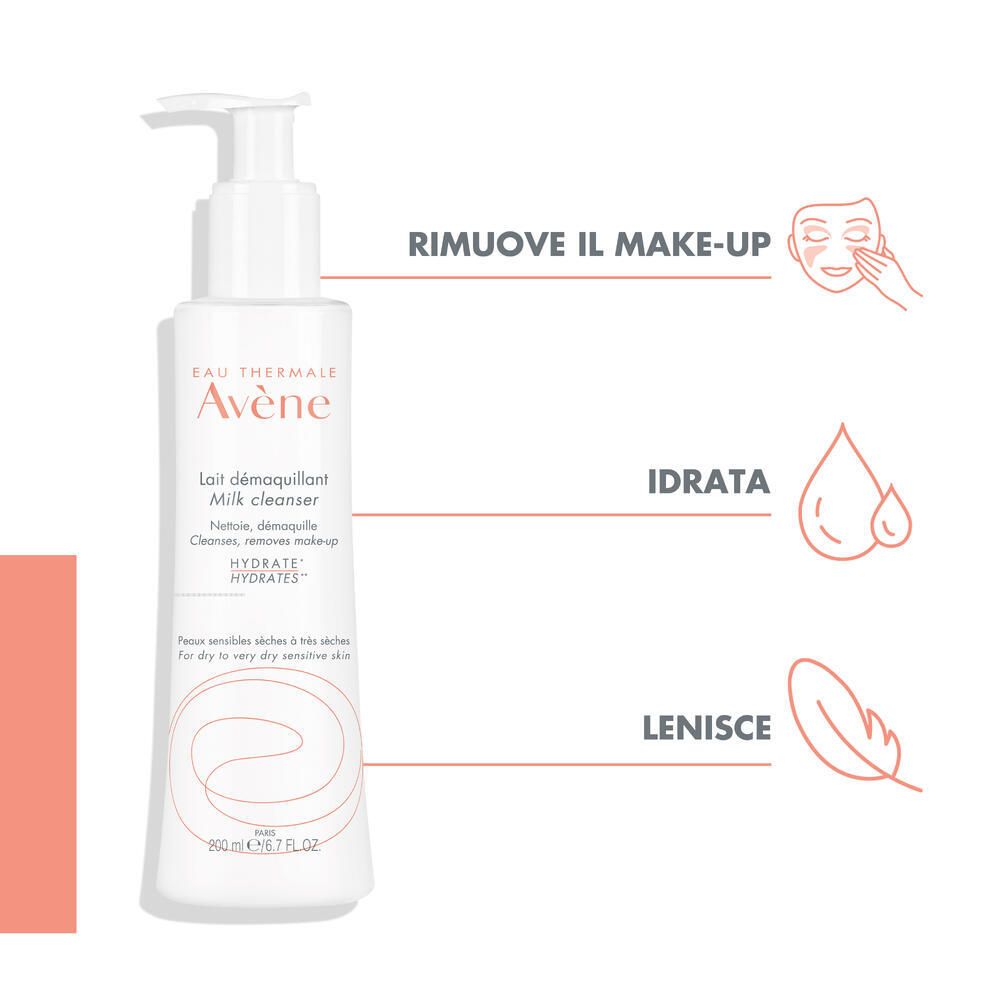 Flacone bianco con testo e icone. Testo: Rimuove il trucco, idrata, lenisce. Per pelli secche.