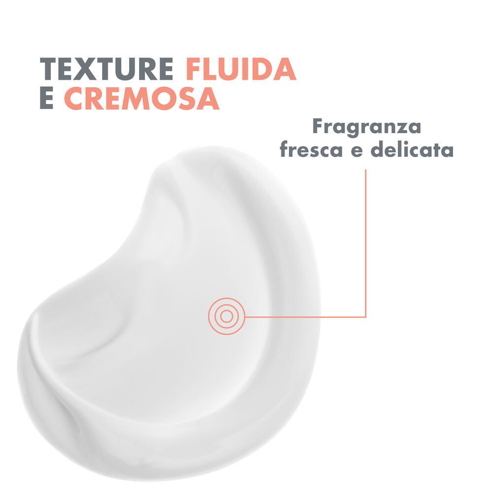 Primo piano di una crema. Testo: Texture fluida e cremosa. Fragranza fresca e delicata.