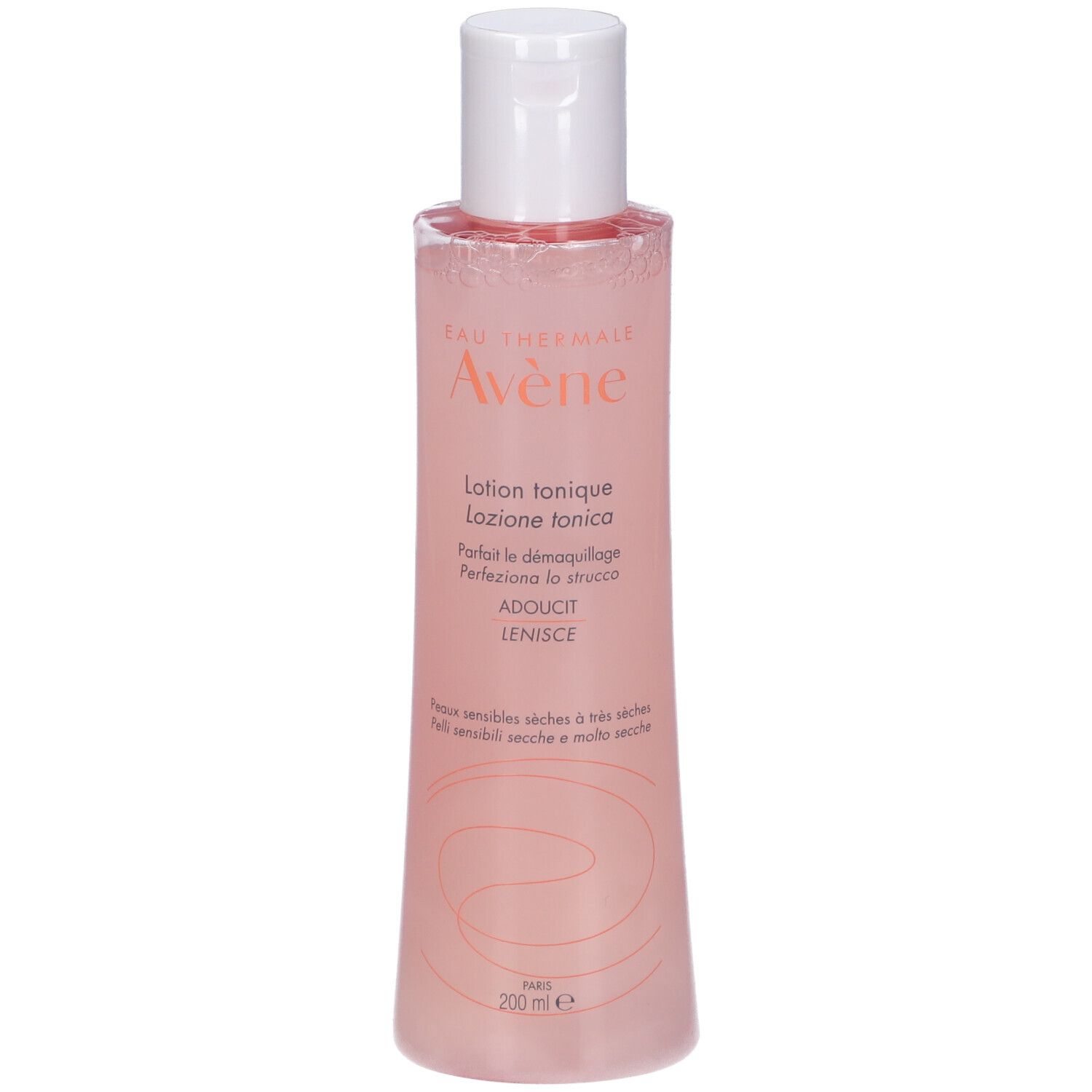 Flacon rose avec bouchon blanc. Inscription: Eau Thermale Avène, Lotion tonique. Pour peaux sèches à très sèches. 200 ml.