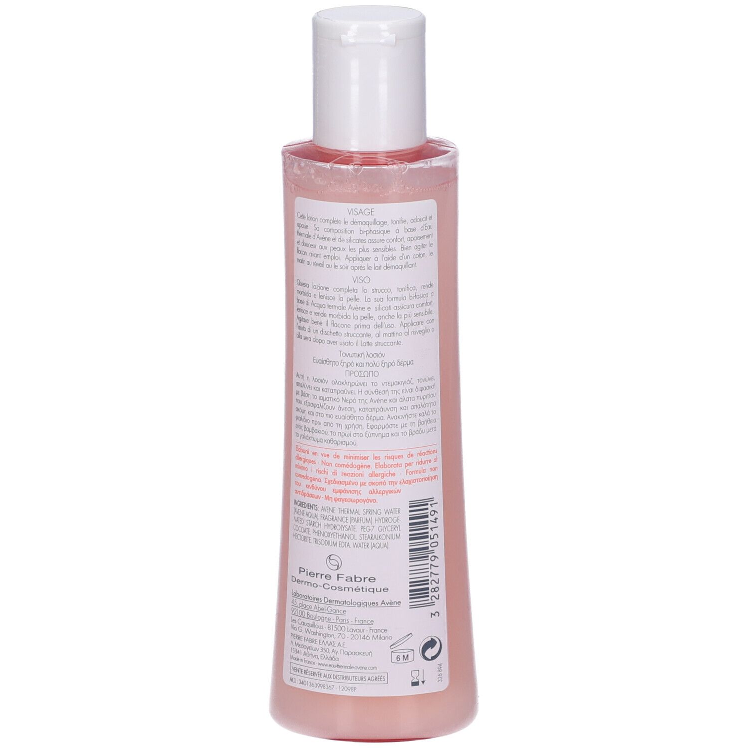 Dos du flacon rose. Texte multilingue. Ingrédients, informations fabricant et code-barres.