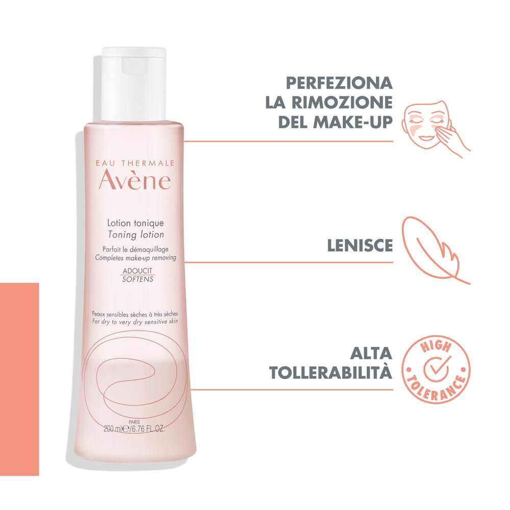 Flacon rose avec bouchon blanc. Texte: Eau Thermale Avène, Lotion tonique. Éléments graphiques: démaquillage, lissage, haute tolérance.
