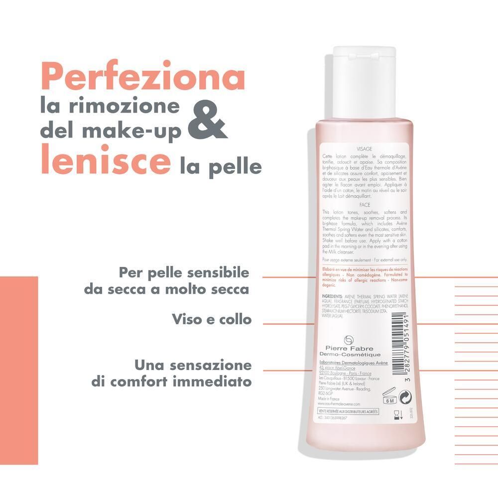 Dos du flacon. Texte: Parfait la démaquillage & lisse la peau. Pour peaux sèches à très sèches. Visage et cou.
