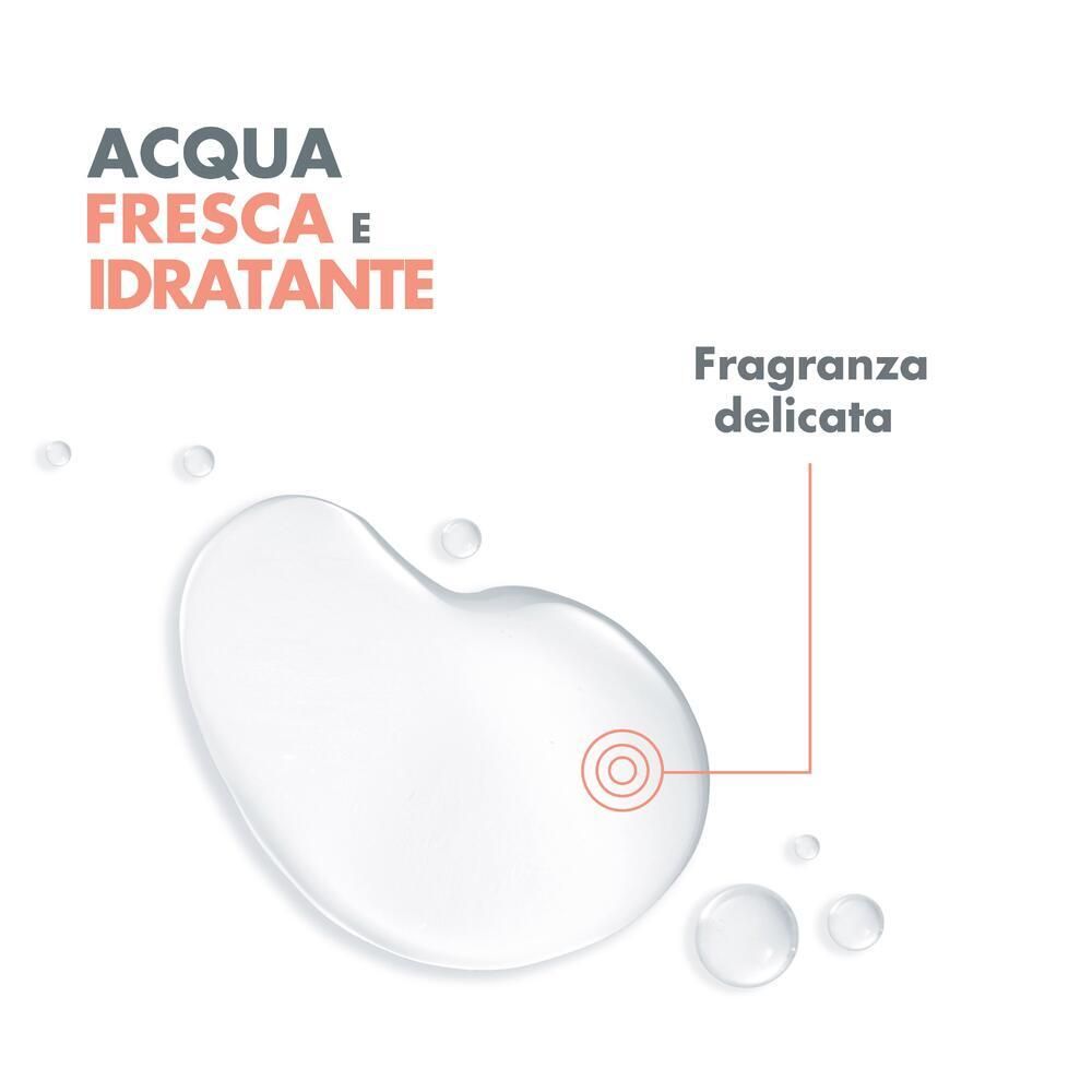 Représentation graphique de gouttes d'eau. Texte: Eau fraîche et hydratante. Parfum délicat.
