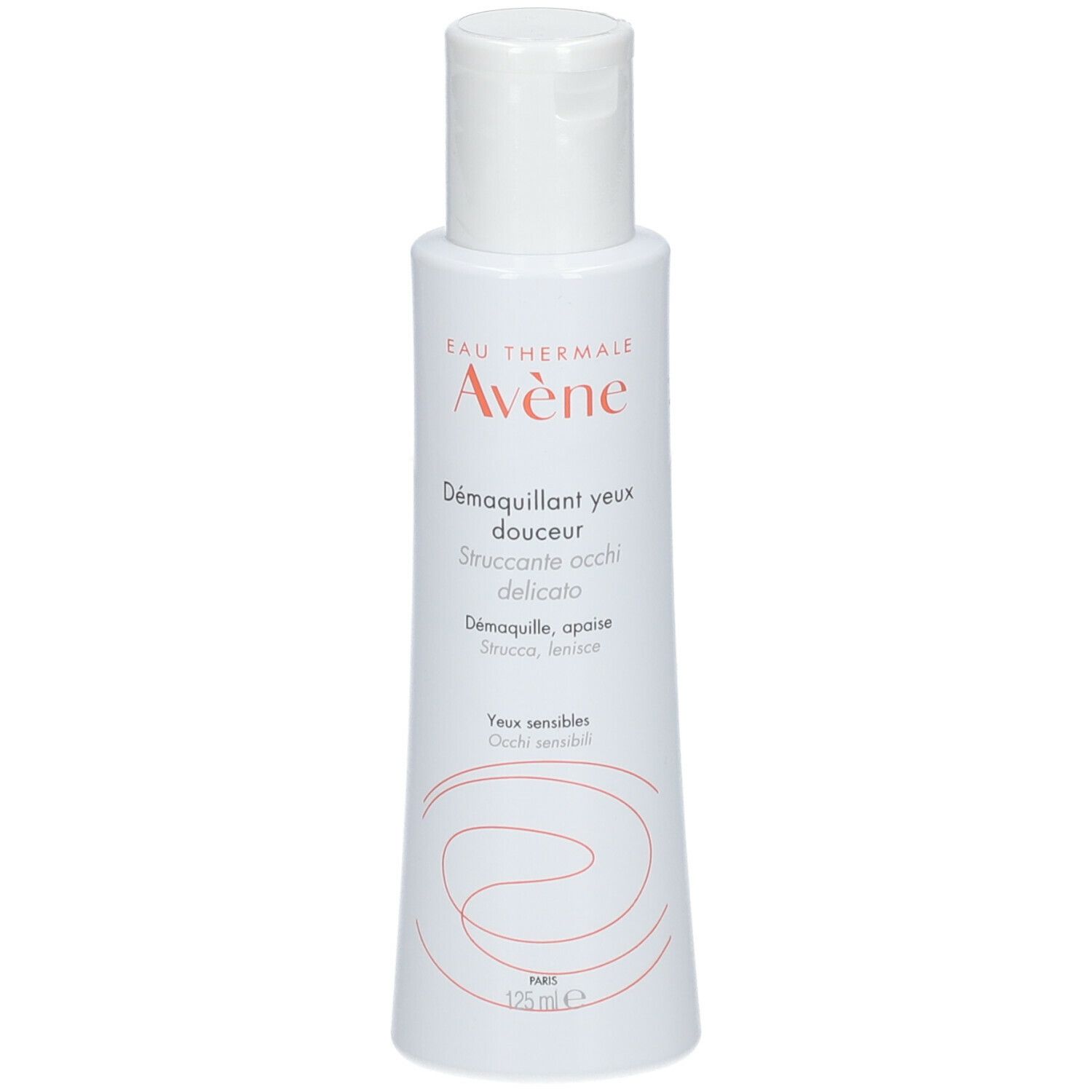 Flacon blanc avec bouchon rabattable. Inscription: Eau Thermale Avène, Démaquillant yeux douceur, Struccante occhi delicato. Pour les yeux sensibles. 125 ml.