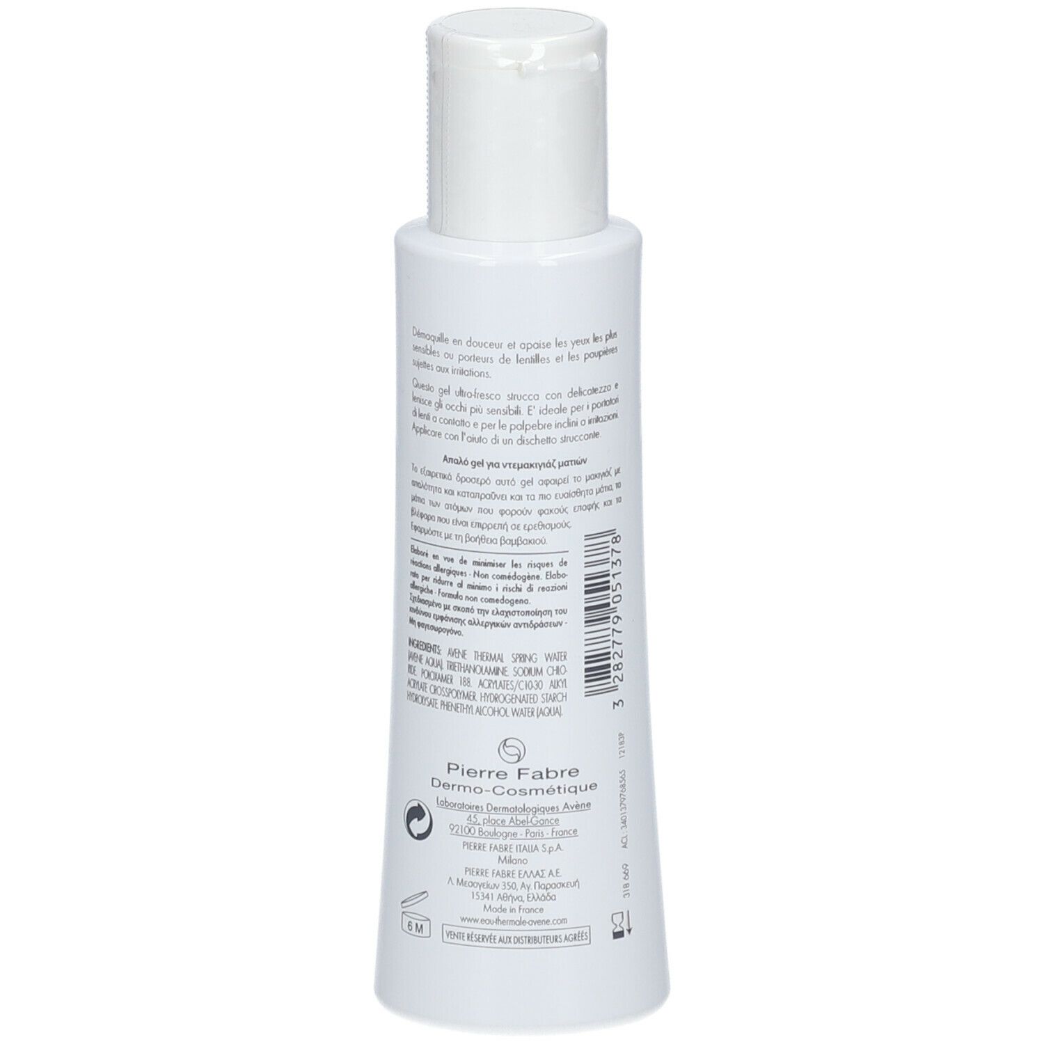 Dos d'un flacon blanc. Texte: Ingrédients, Pierre Fabre Dermo-Cosmétique, code-barres. Pour les yeux sensibles. 125 ml.