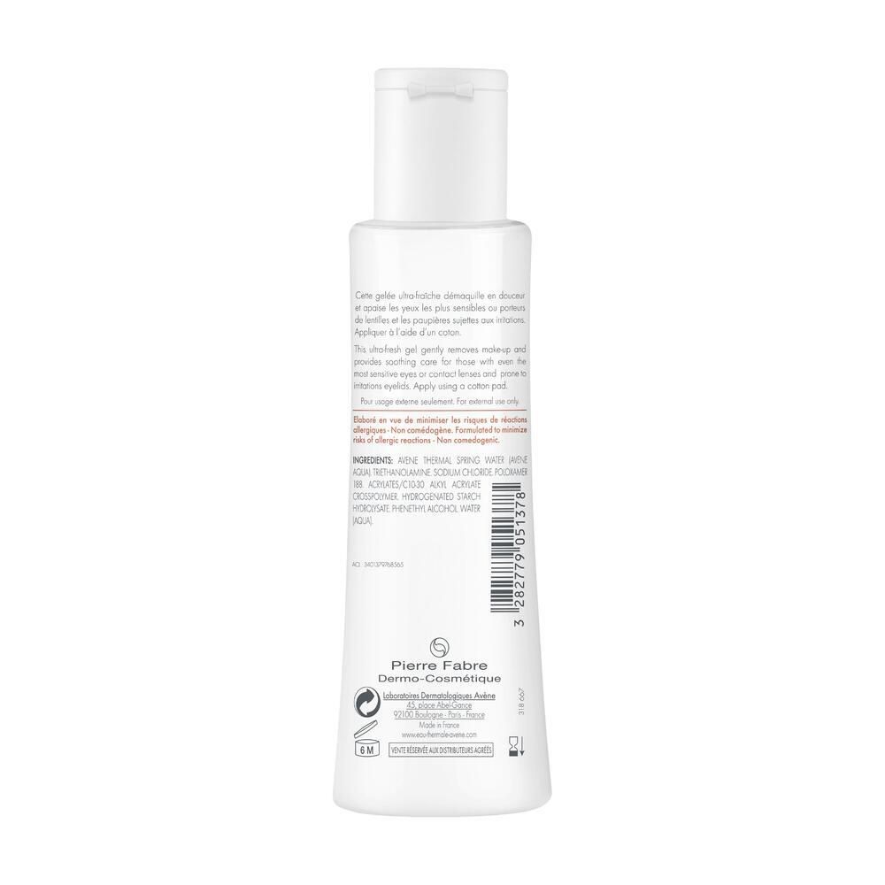 Dos d'un flacon blanc. Texte: Ingrédients, Pierre Fabre Dermo-Cosmétique, code-barres. Pour les yeux sensibles. 125 ml.