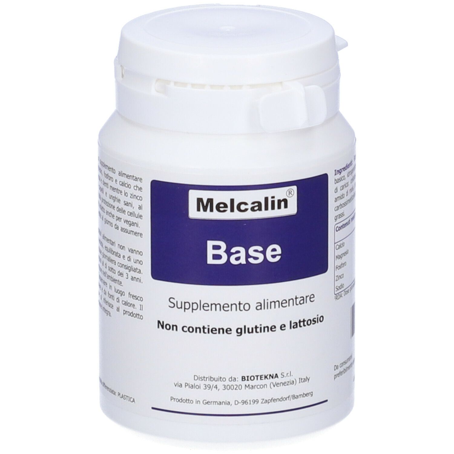Flacon blanc avec étiquette bleue. Inscription: Melcalin Base. Supplément alimentaire. Sans gluten ni lactose.
