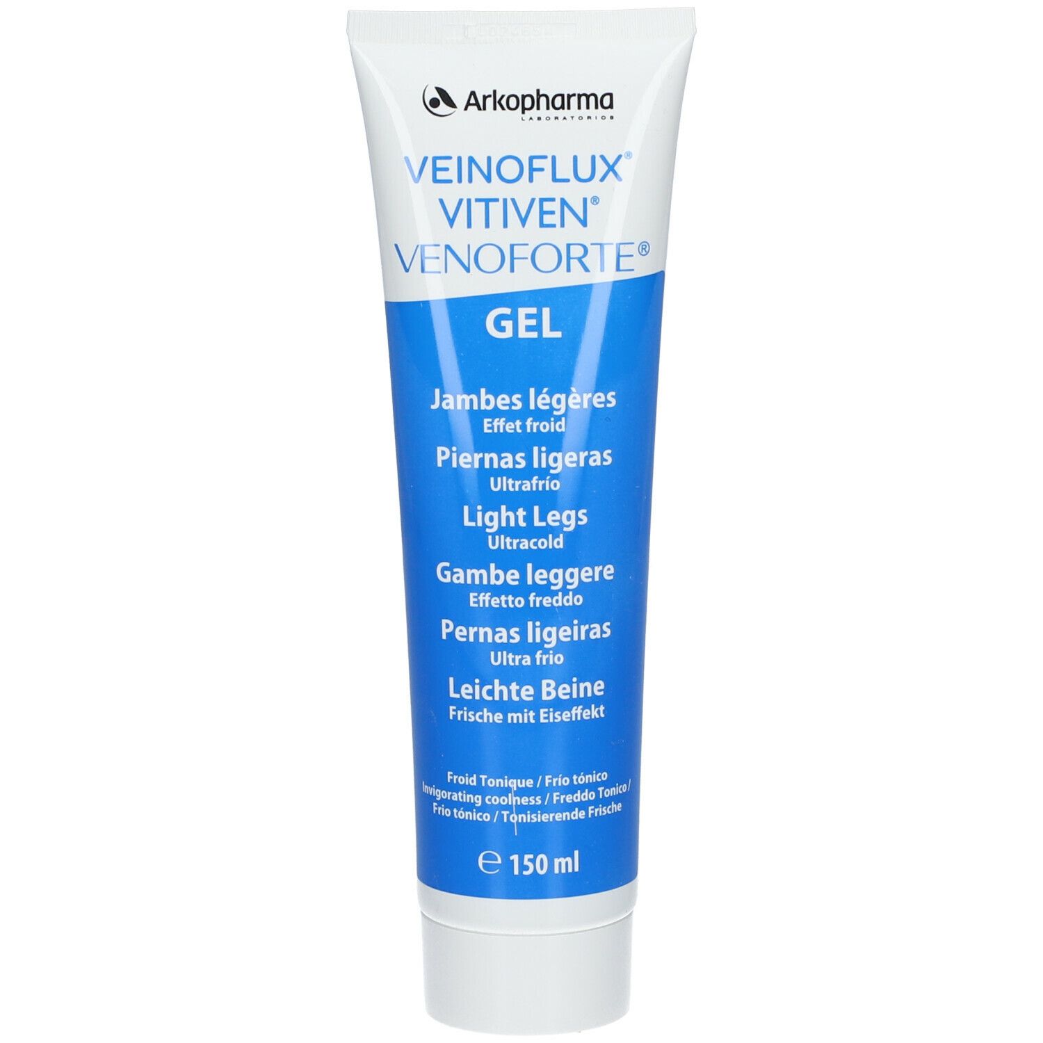 Tubo di Veinoflux Vitiven Venoforte Gel. Marchio Arkopharma. Nome del prodotto e descrizione sul tubo.