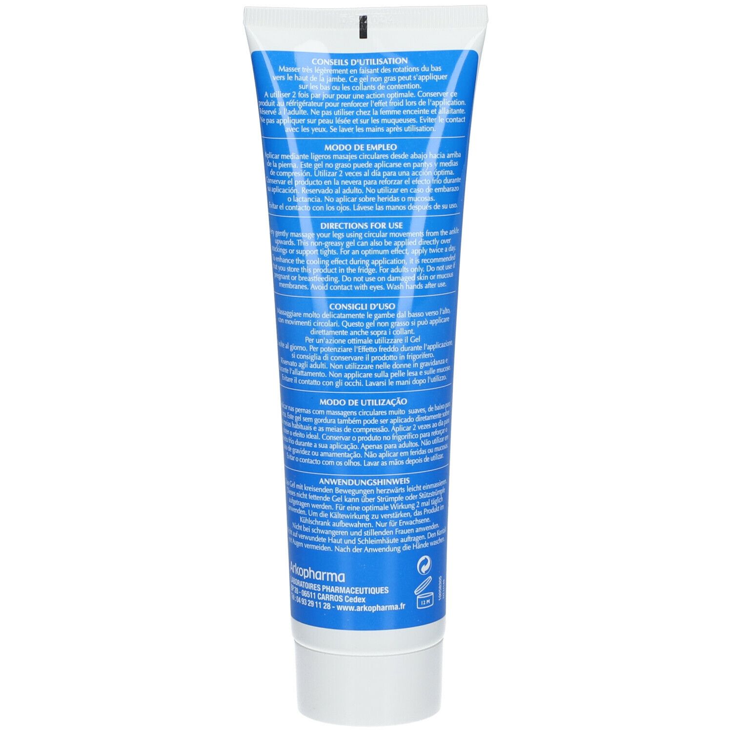 Retro del tubo Veinoflux Vitiven Venoforte Gel. Marchio Arkopharma. Informazioni e istruzioni sul prodotto.