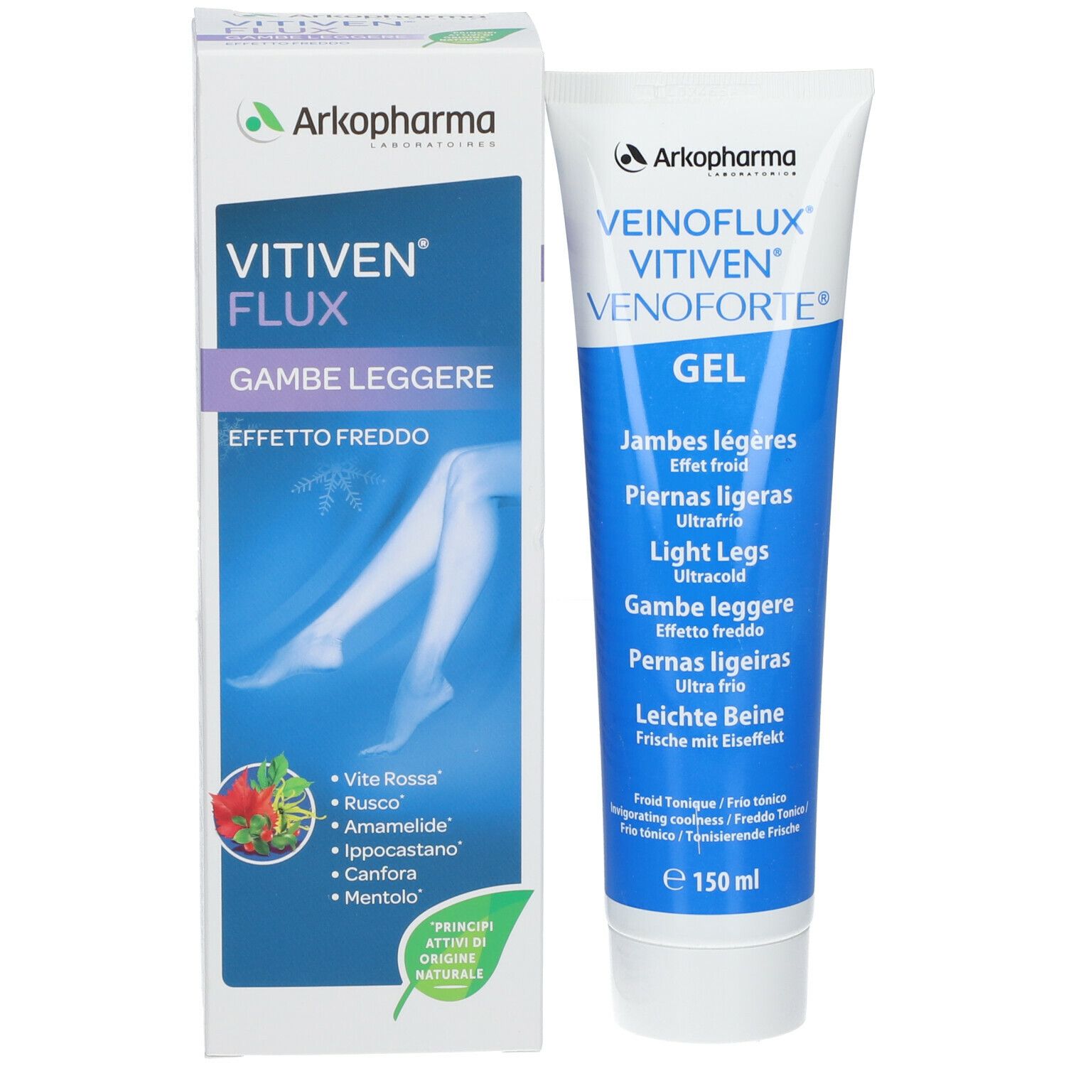 Confezione e tubo di Veinoflux Vitiven Venoforte Gel. Marchio Arkopharma. Nome e descrizione del prodotto.