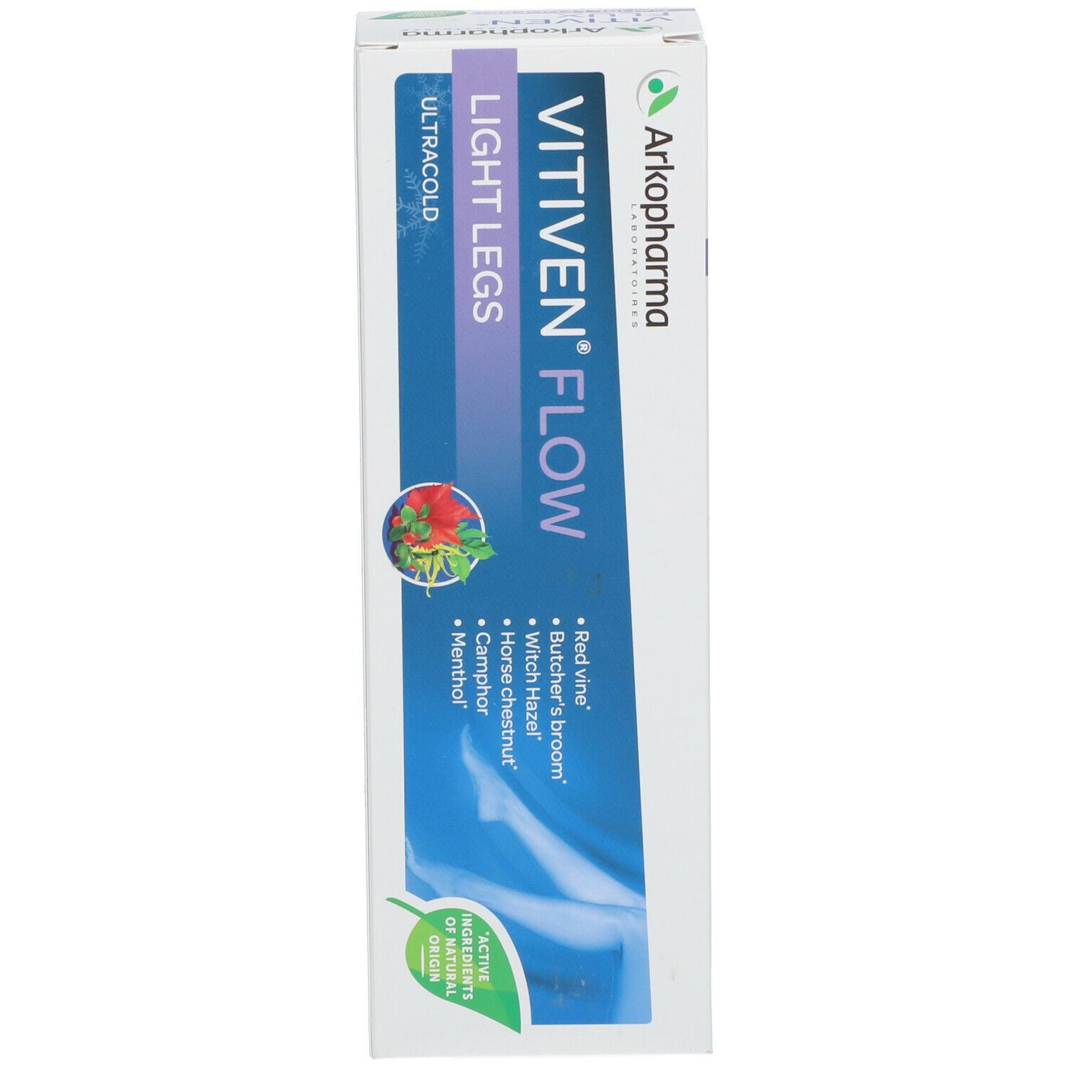 Confezione di Vitiven Flow Light Legs. Marchio Arkopharma. Nome del prodotto e descrizione sulla confezione.