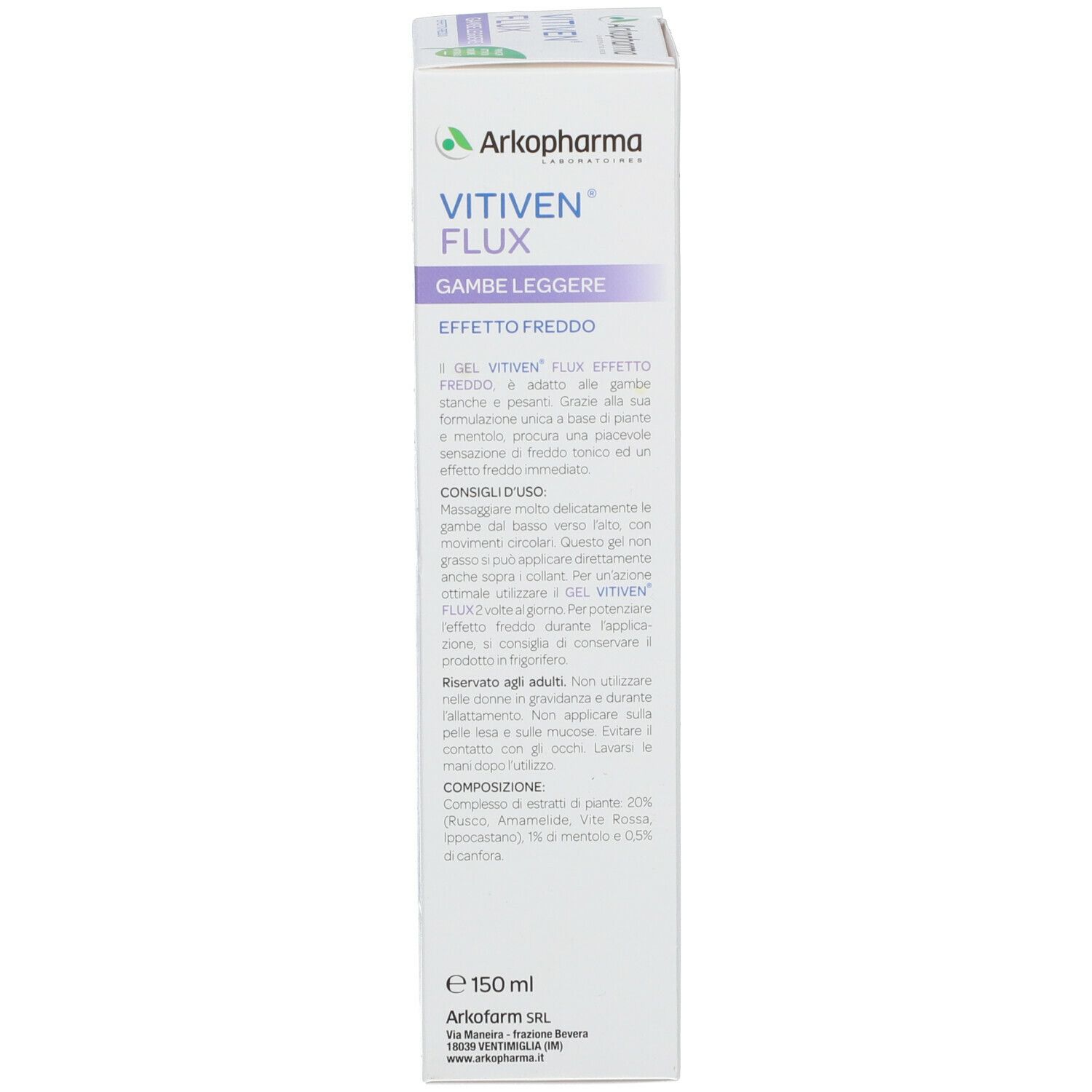 Retro della confezione Vitiven Flux Gel. Marchio Arkopharma. Informazioni e ingredienti del prodotto.