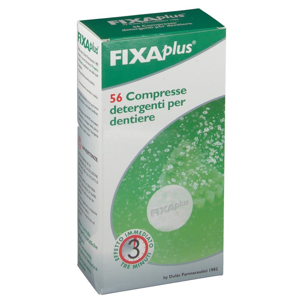 Schachtel mit FIXAplus ® Zahnprothesenreinigunstabletten. Grün-weiße Verpackung. Text: 56 Compresse detergenti per dentiere. Logo und Schriftzug FIXAplus ®.