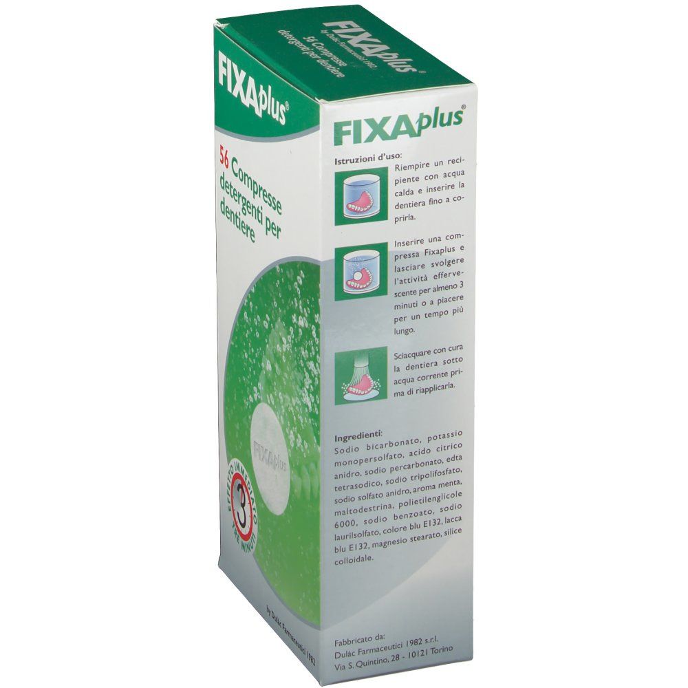 Schachtel FIXAplus ®. Seite mit Anweisungen und Inhaltsstoffen. Illustrationen zur Anwendung. Text: 56 Compresse detergenti per dentiere. Logo FIXAplus ®.