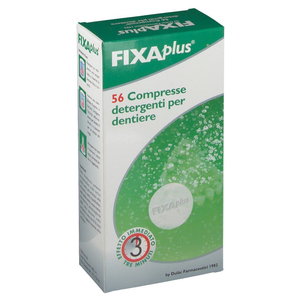 Schachtel FIXAplus ®. Vorderansicht. Text: 56 Compresse detergenti per dentiere. Logo und Schriftzug FIXAplus ®. Grüner Hintergrund mit weißem Logo.