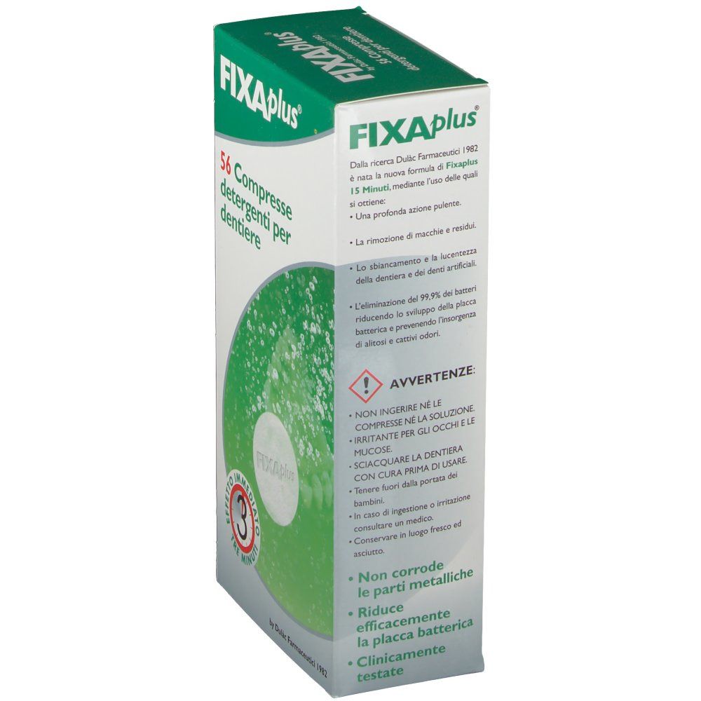 Schachtel FIXAplus ®. Rückseite mit Warnhinweisen und Produktvorteilen. Text: 56 Compresse detergenti per dentiere. Logo FIXAplus ®.