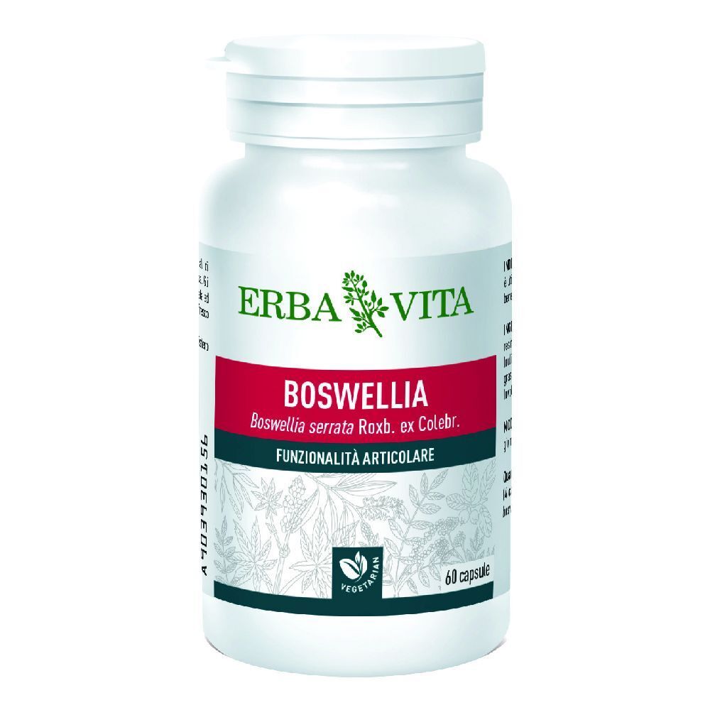 Flacone bianco con capsule. Scritta: ERBA VITA, BOSWELLIA, FUNZIONALITÀ ARTICOLARE, 60 capsule. Vegetariano.