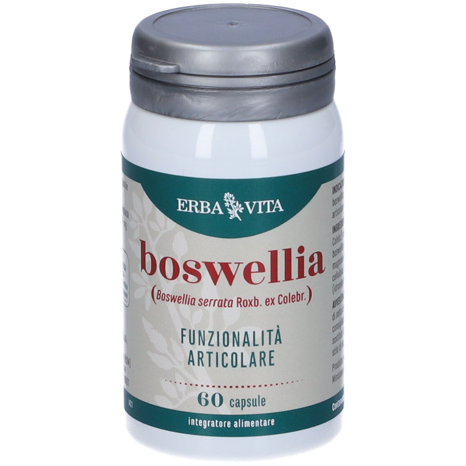 Flacone di capsule. Scritta: ERBA VITA, boswellia, FUNZIONALITÀ ARTICOLARE, 60 capsule. Coperchio grigio.