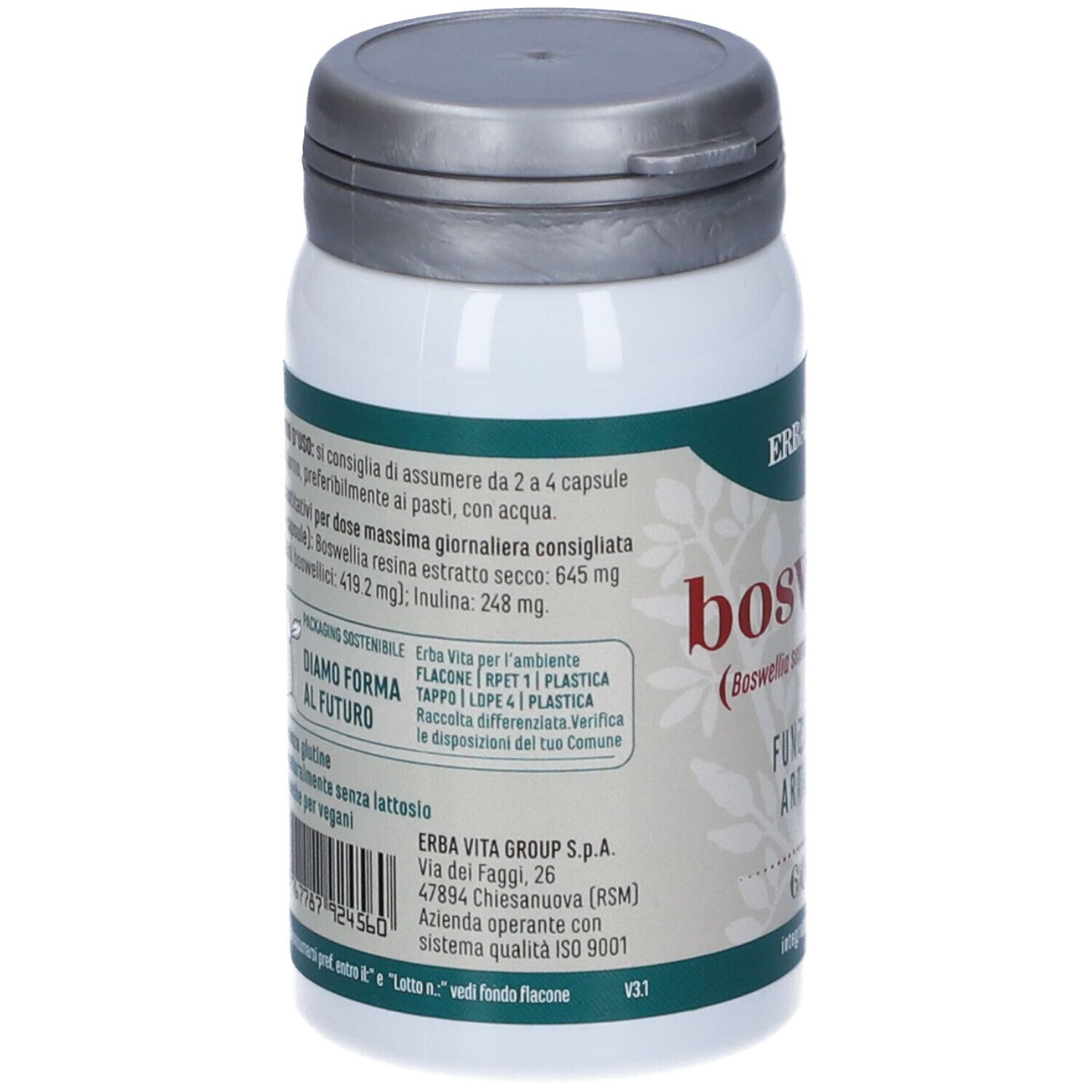 Flacone di capsule. Scritta: ERBA VITA, boswellia, FUNZIONALITÀ ARTICOLARE, 60 capsule. Retro con testo.