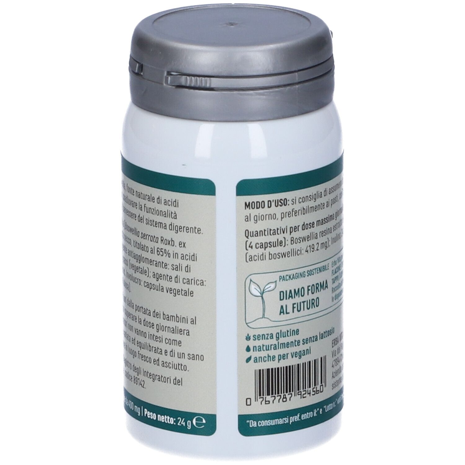 Flacone di capsule. Scritta: ERBA VITA, boswellia, FUNZIONALITÀ ARTICOLARE, 60 capsule. Retro con testo.