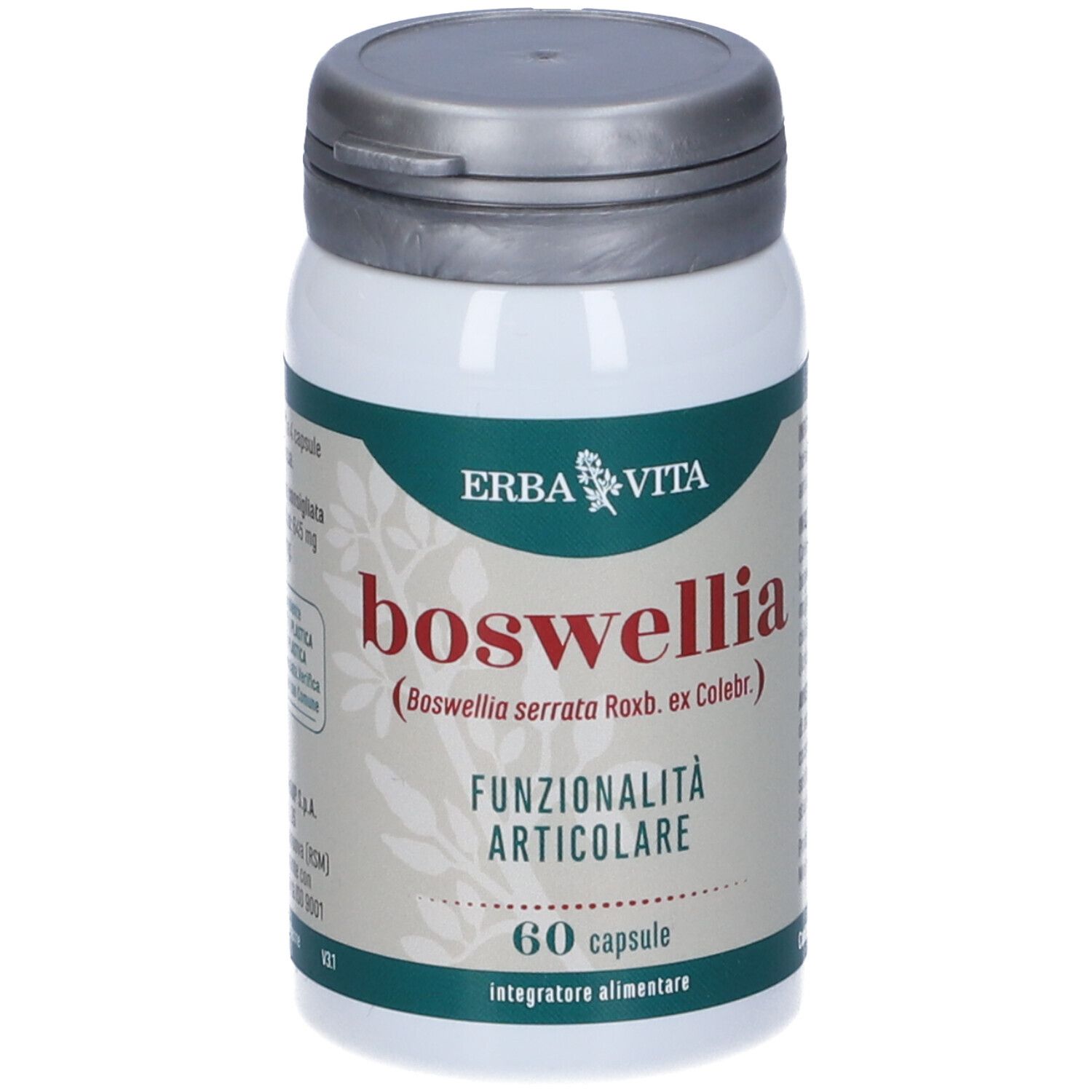 Flacone di capsule. Scritta: ERBA VITA, boswellia, FUNZIONALITÀ ARTICOLARE, 60 capsule. Coperchio grigio.