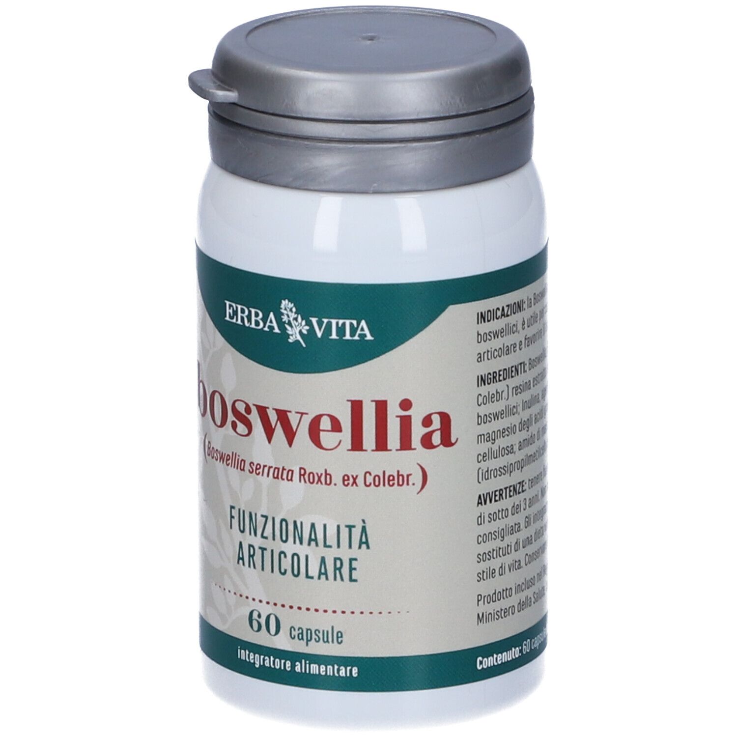 Flacone di capsule. Scritta: ERBA VITA, boswellia, FUNZIONALITÀ ARTICOLARE, 60 capsule. Coperchio grigio.