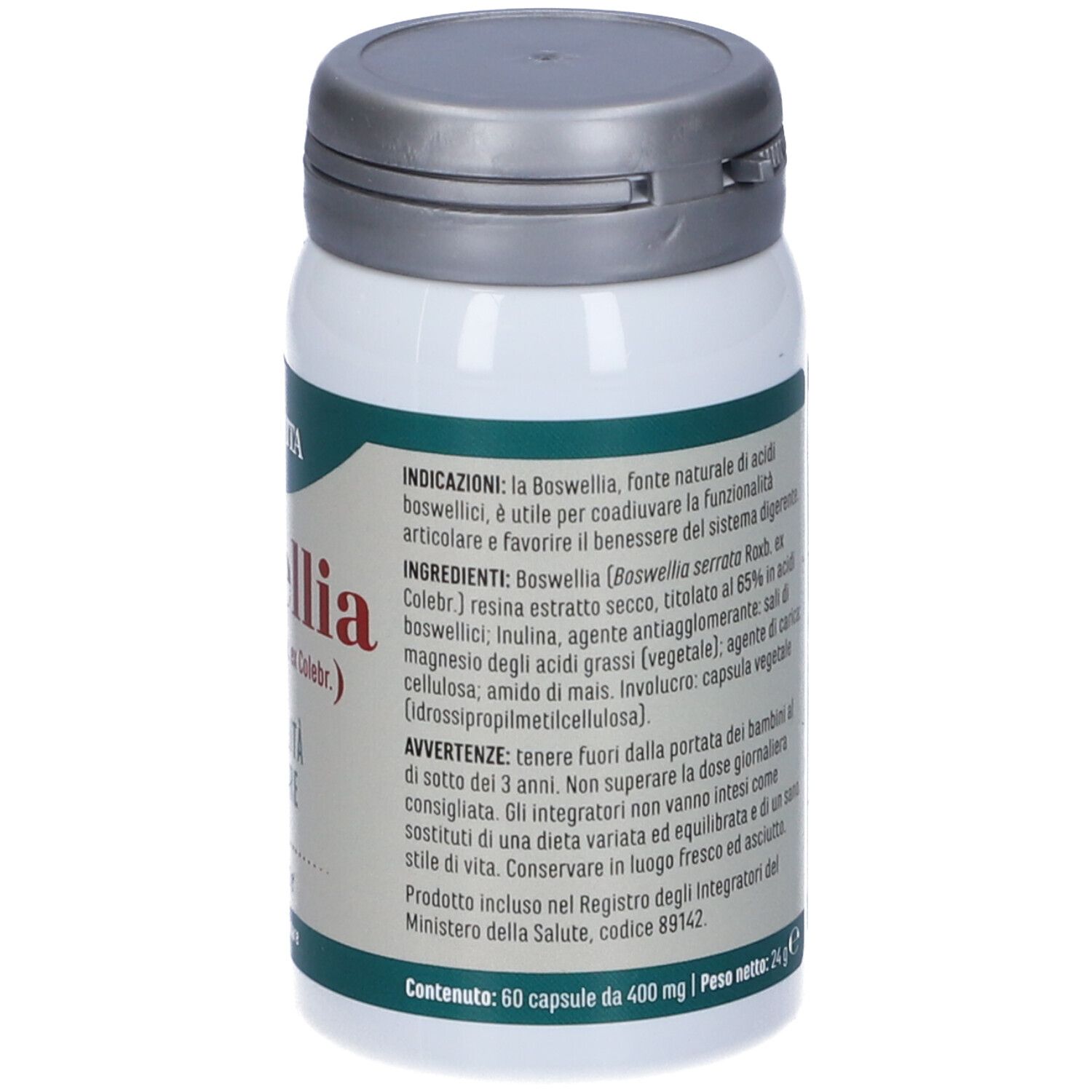 Flacone di capsule. Scritta: ERBA VITA, boswellia, FUNZIONALITÀ ARTICOLARE, 60 capsule. Retro con testo.