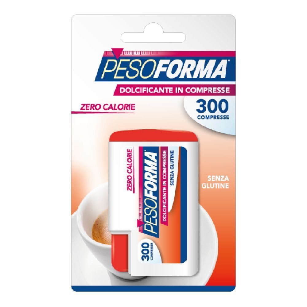 Confezione di Pesoforma Dolcificante, 300 compresse. Scritta: Zero Calorie, Senza Glutine. Scatola davanti a tazza di caffè.