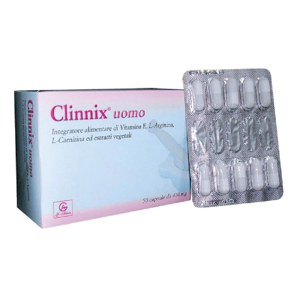 Scatola e blister di capsule. Scritta: Clinnix Uomo, integratore alimentare con vitamina E.