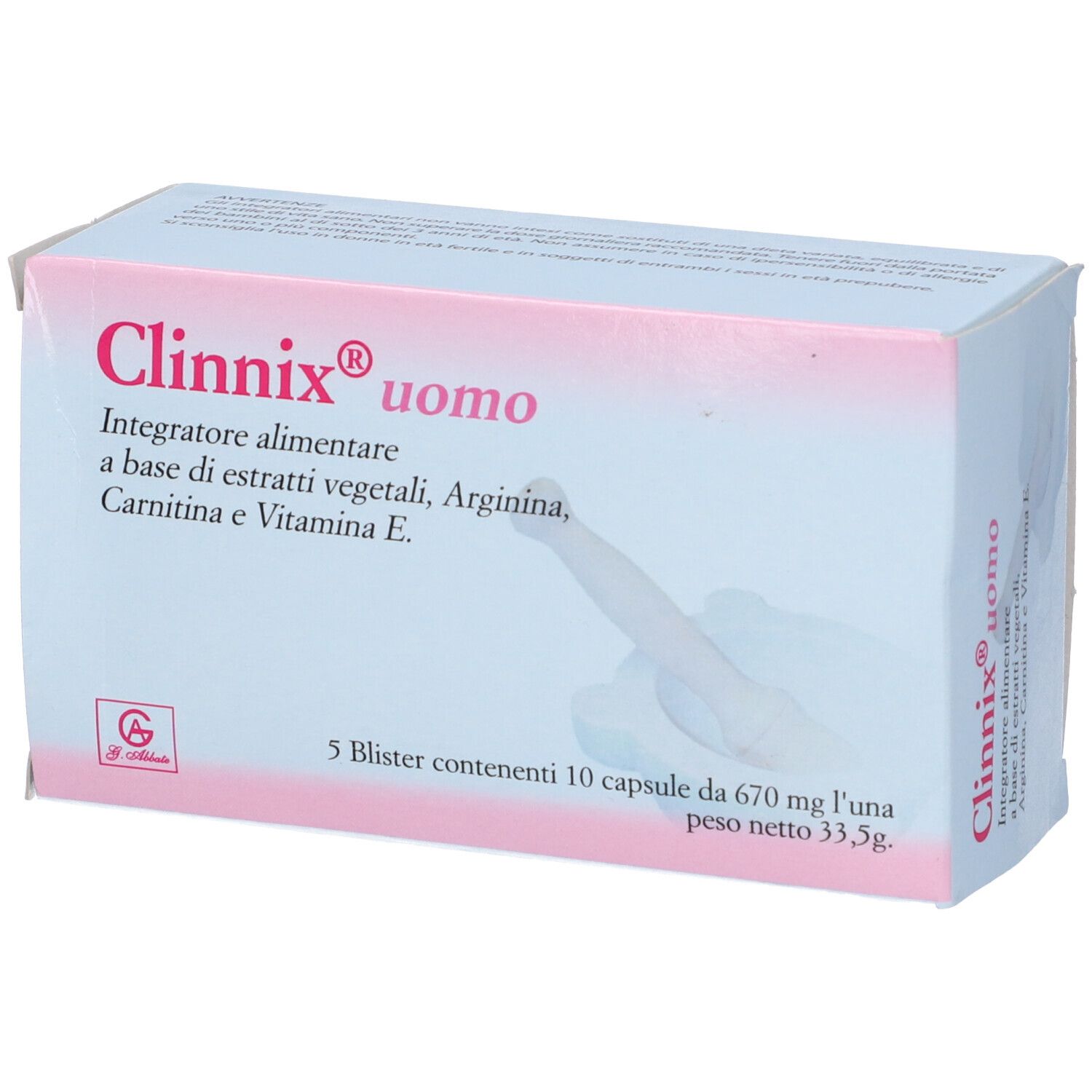 Scatola con scritta Clinnix Uomo, integratore alimentare. Contiene 5 blister da 10 capsule.