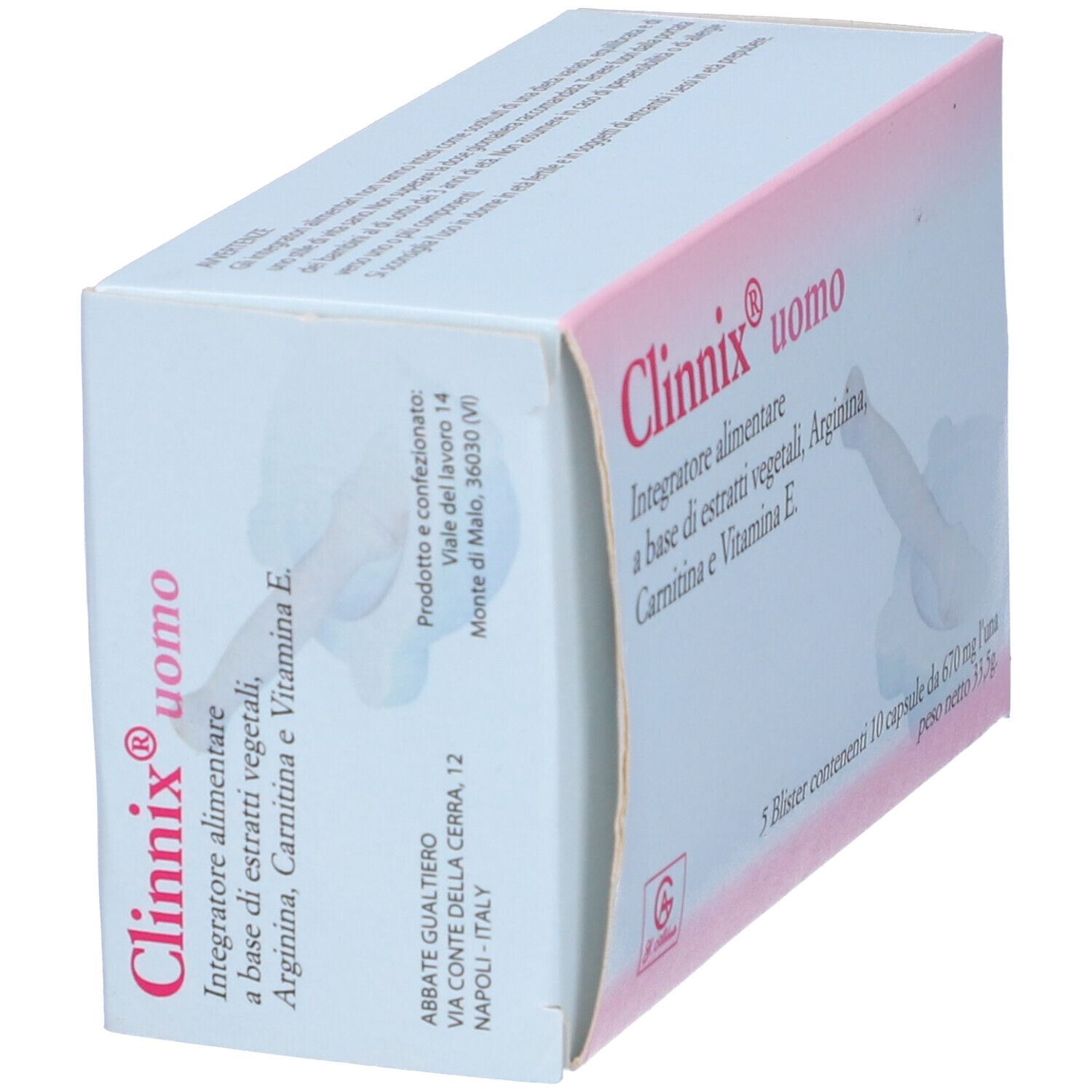 Scatola con scritta Clinnix Uomo, integratore alimentare. Contiene 5 blister da 10 capsule.