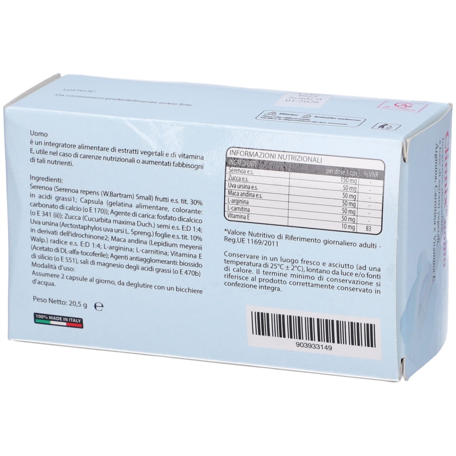 Retro della scatola con informazioni su ingredienti e valori nutrizionali. Scritta: Clinnix Uomo.