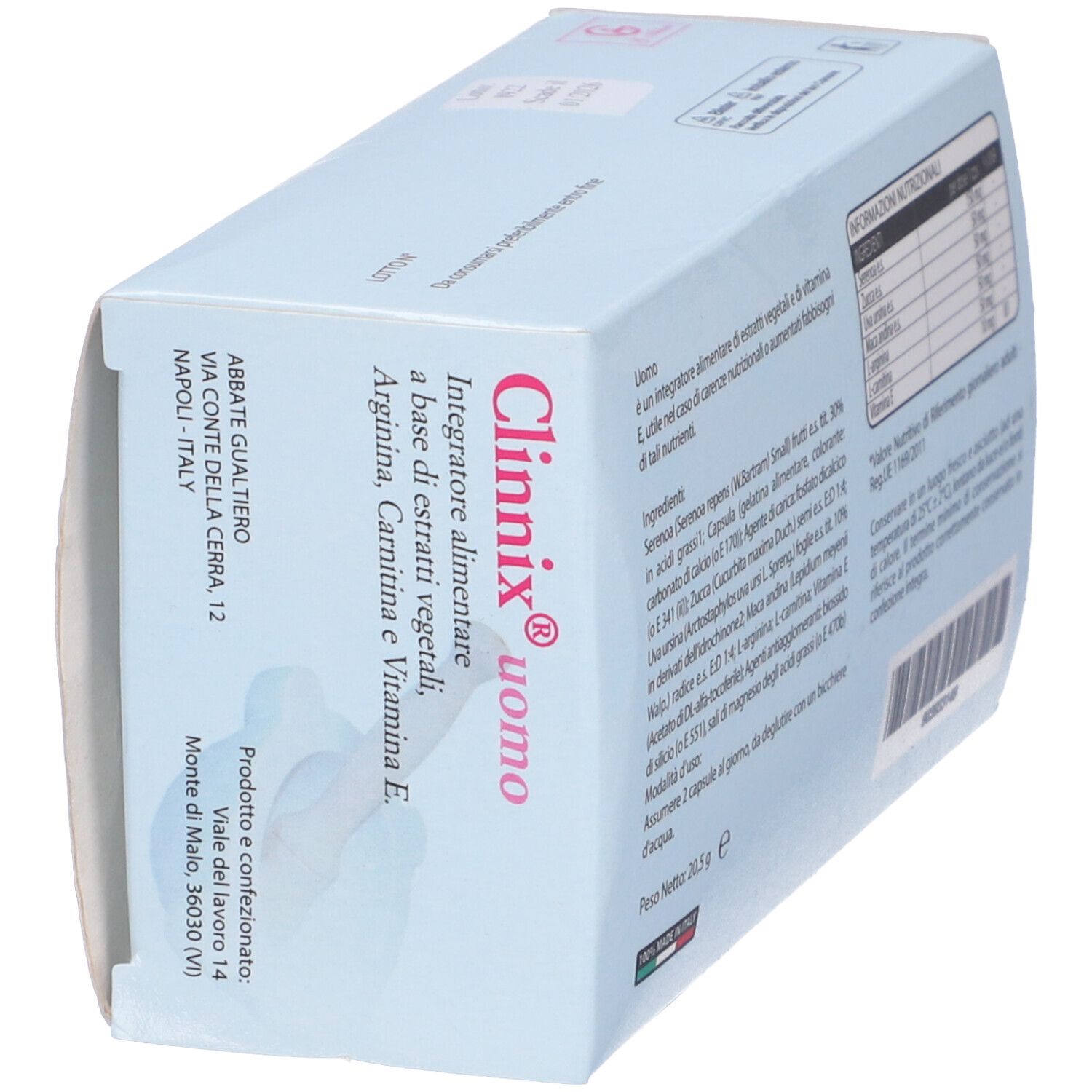 Scatola con scritta Clinnix Uomo, integratore alimentare. Contiene informazioni sugli ingredienti.
