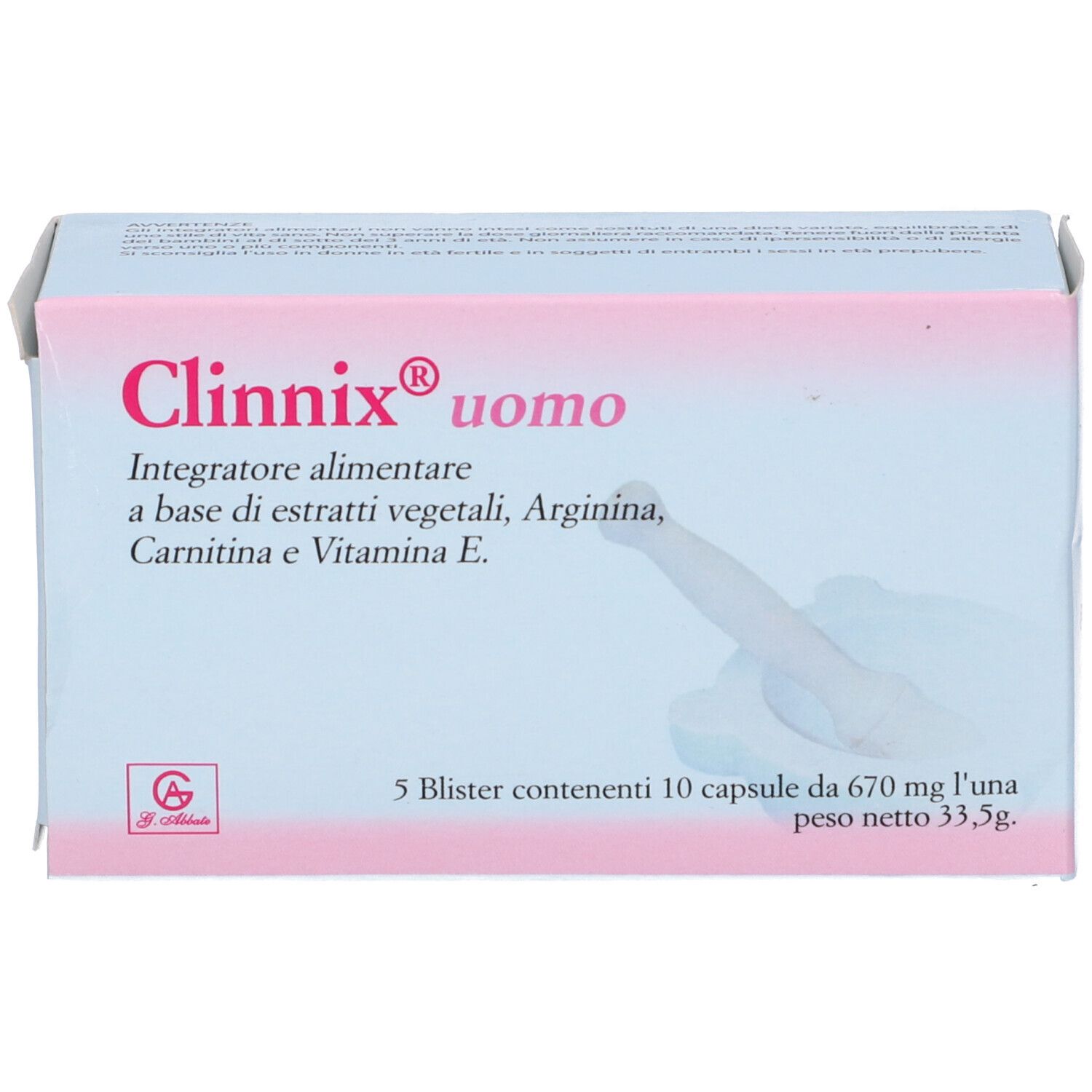 Scatola con scritta Clinnix Uomo, integratore alimentare. Contiene 5 blister da 10 capsule.