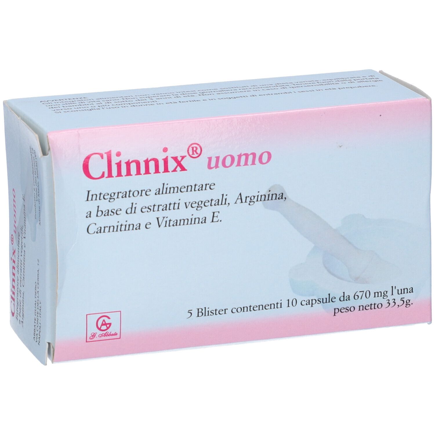 Scatola con scritta Clinnix Uomo, integratore alimentare. Contiene 5 blister da 10 capsule.
