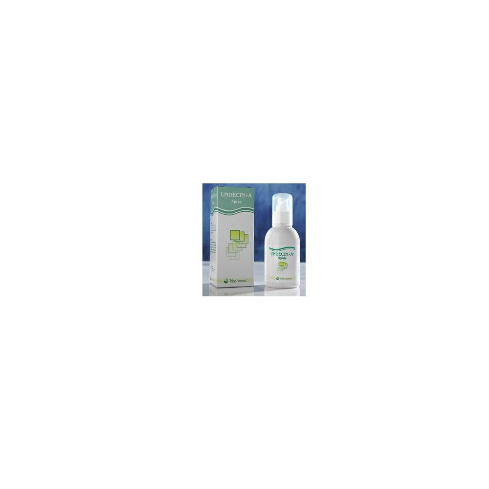 Spray bianco e scatola. Scritta: Undecin-A. Confezione verde e bianca.