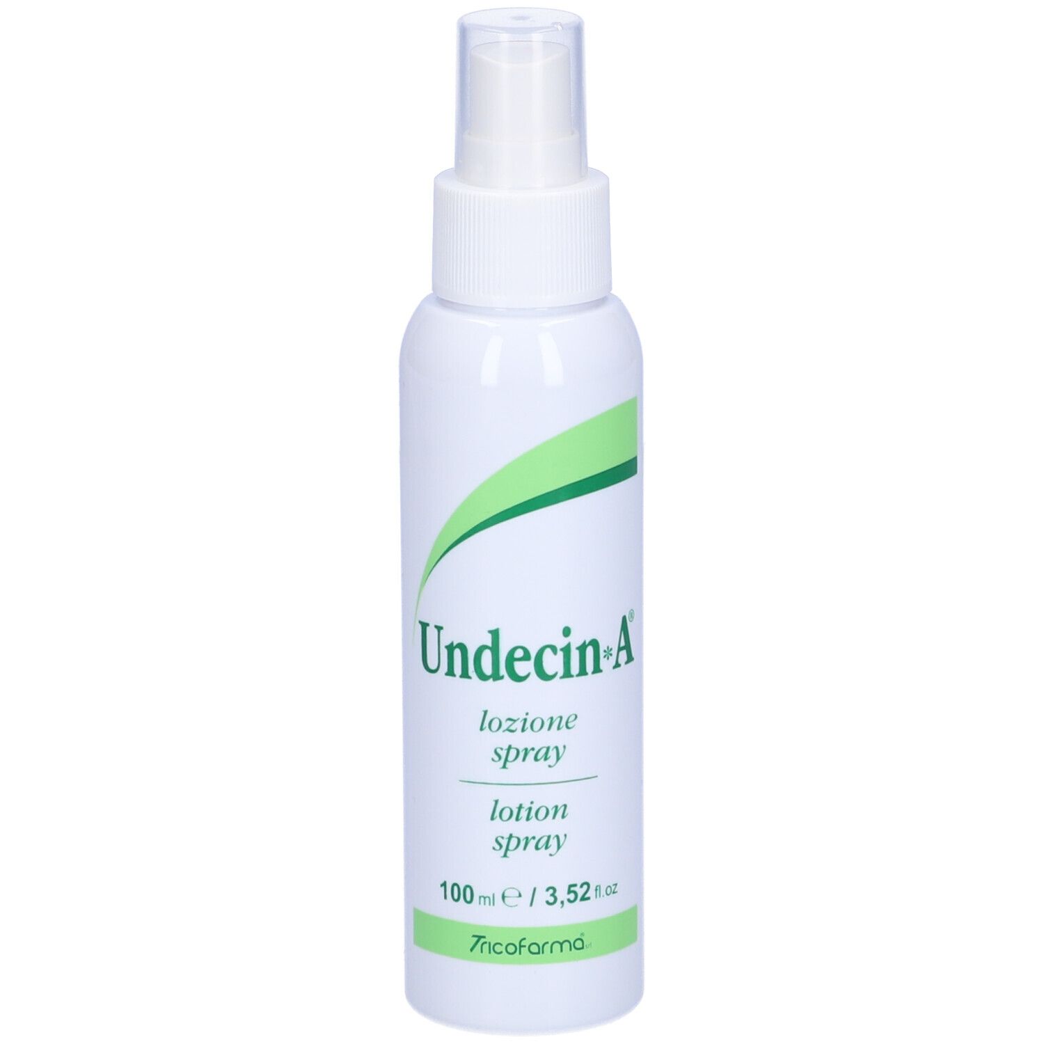 Spray bianco con logo verde. Scritta: Undecin-A, lozione spray. 100 ml.
